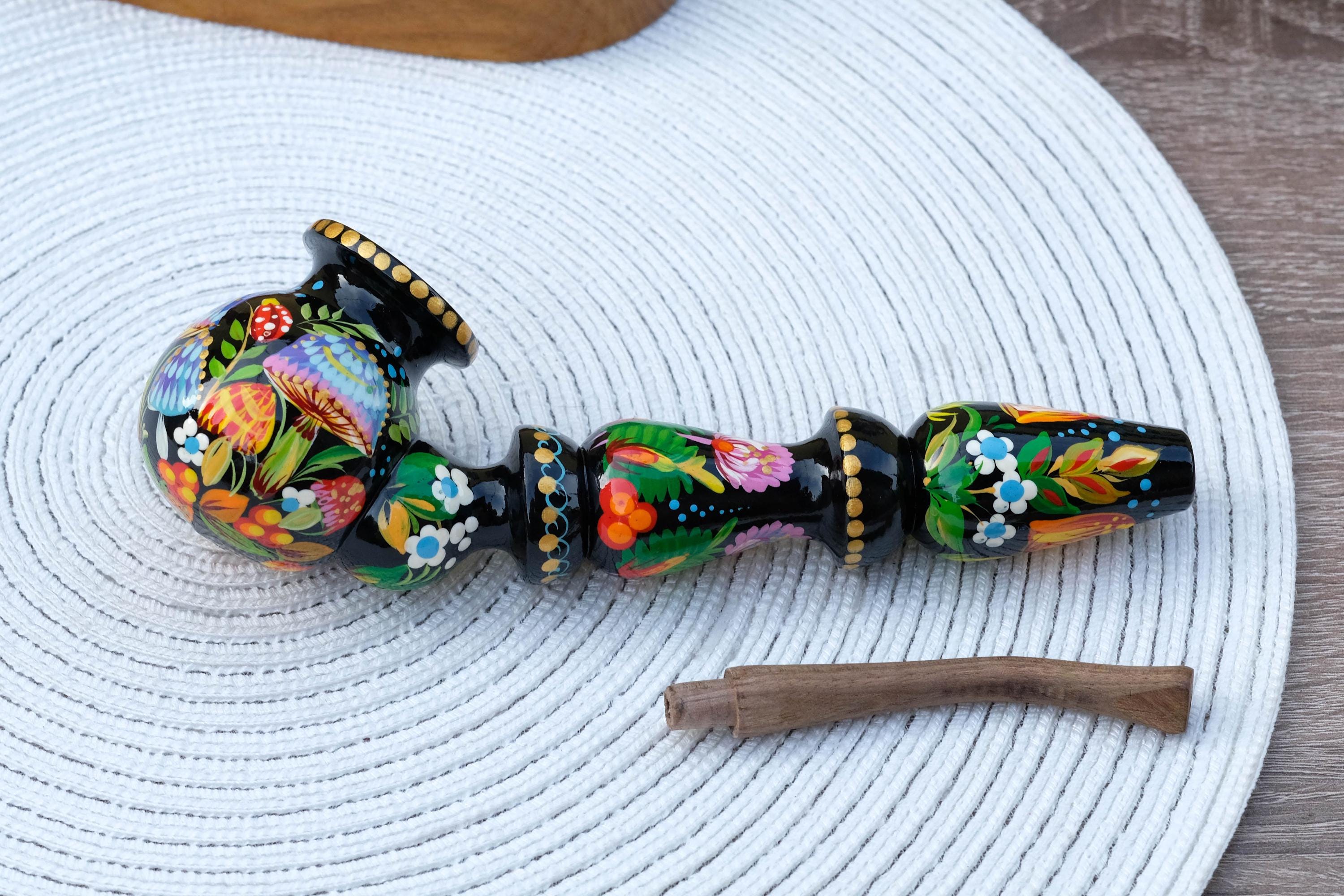 Wooden Mushroom Smoking Pipe - Hand-Painted Ladybug Tobacco Pipe - Ukrainian Folk Art Petrykivka