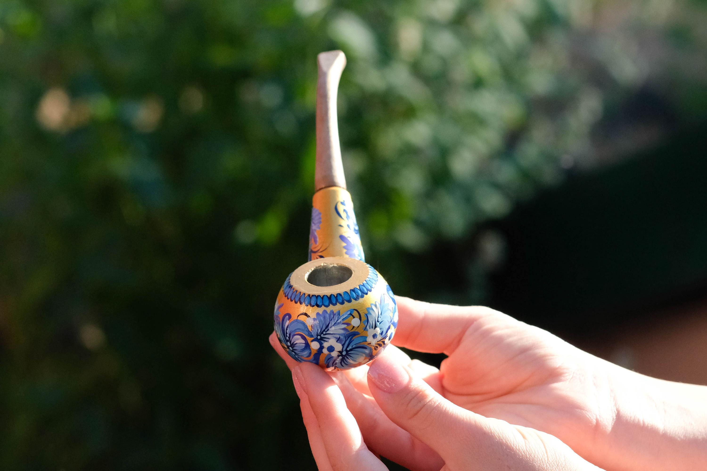 Painted Wooden Smoking Pipe - Tobacco Pipe with Ukrainian Folk Art Petrykivka - Golden & Blue Flowers