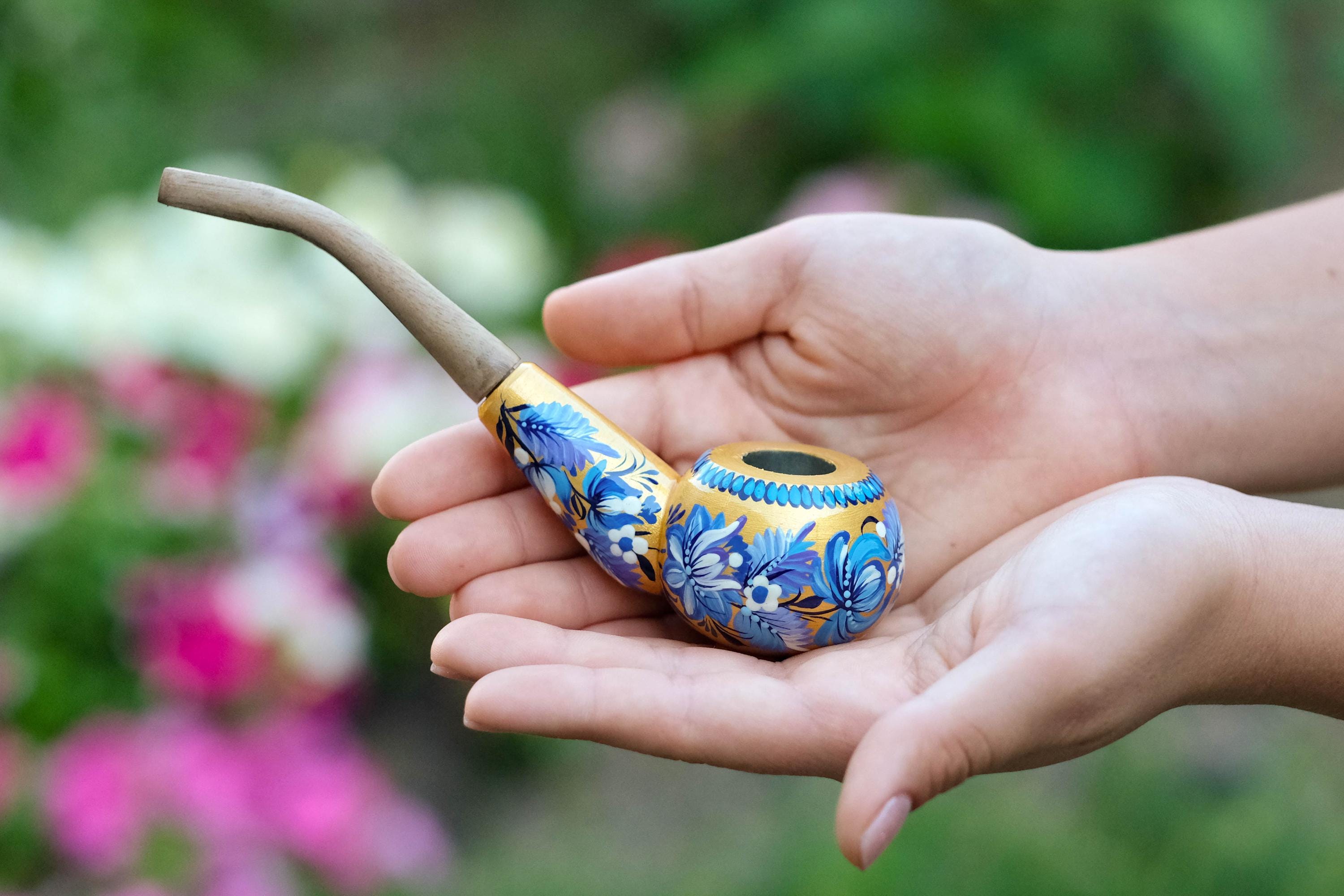 Painted Wooden Smoking Pipe - Tobacco Pipe with Ukrainian Folk Art Petrykivka - Golden & Blue Flowers
