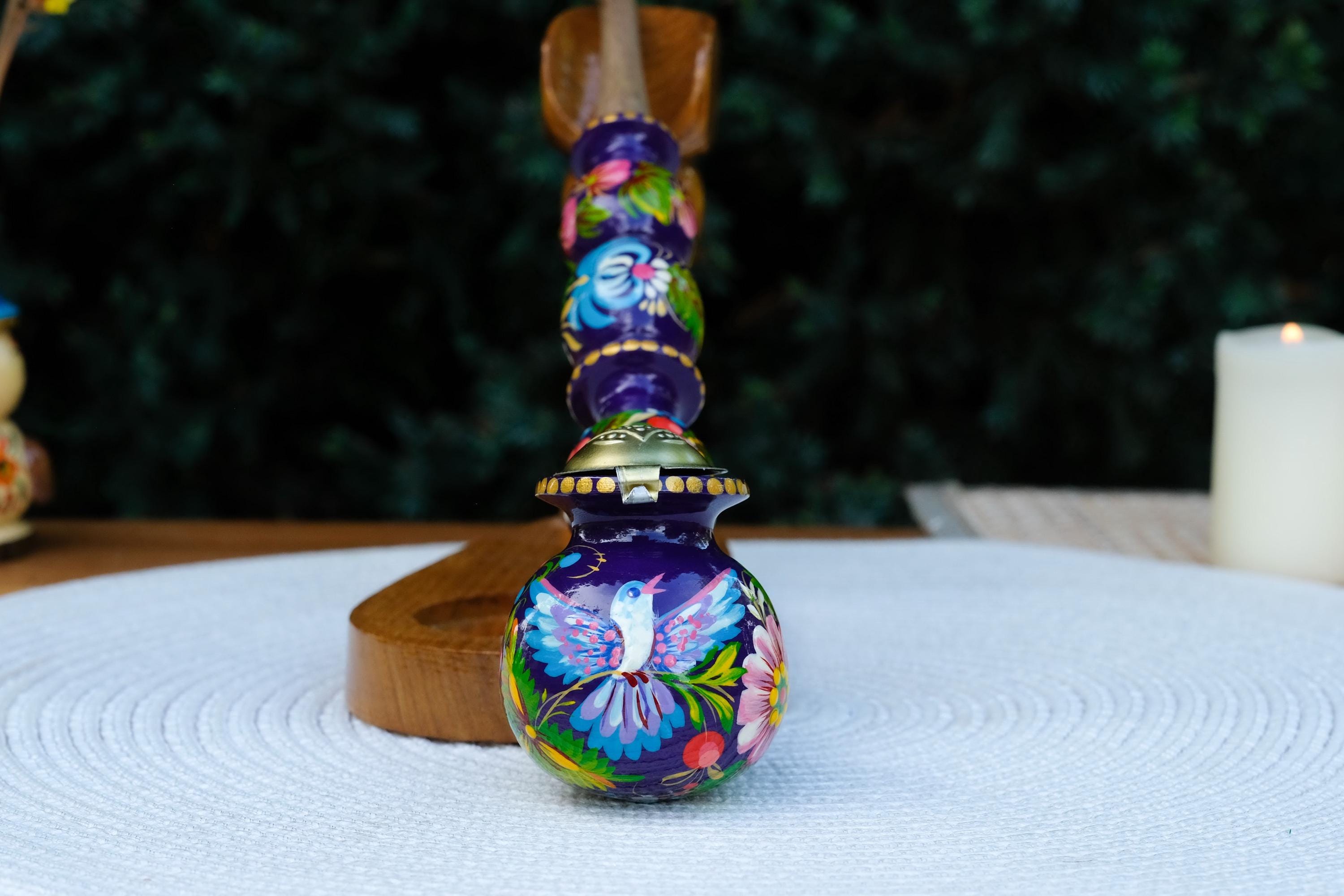 Long Wooden Smoking Pipe Painted with Dove - Ukrainian Folk Art Petrykivka, Purple Flower Tobacco Pipe