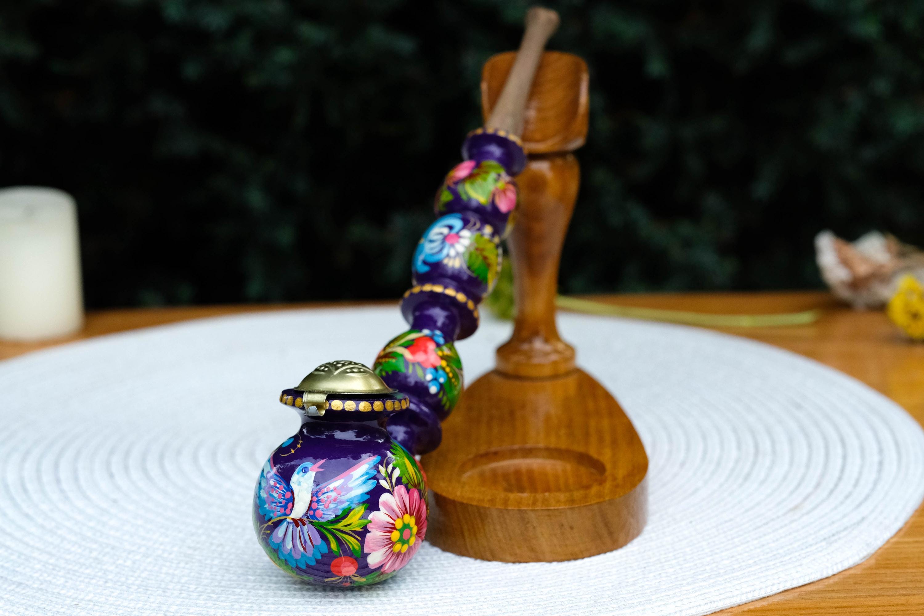 Long Wooden Smoking Pipe Painted with Dove - Ukrainian Folk Art Petrykivka, Purple Flower Tobacco Pipe