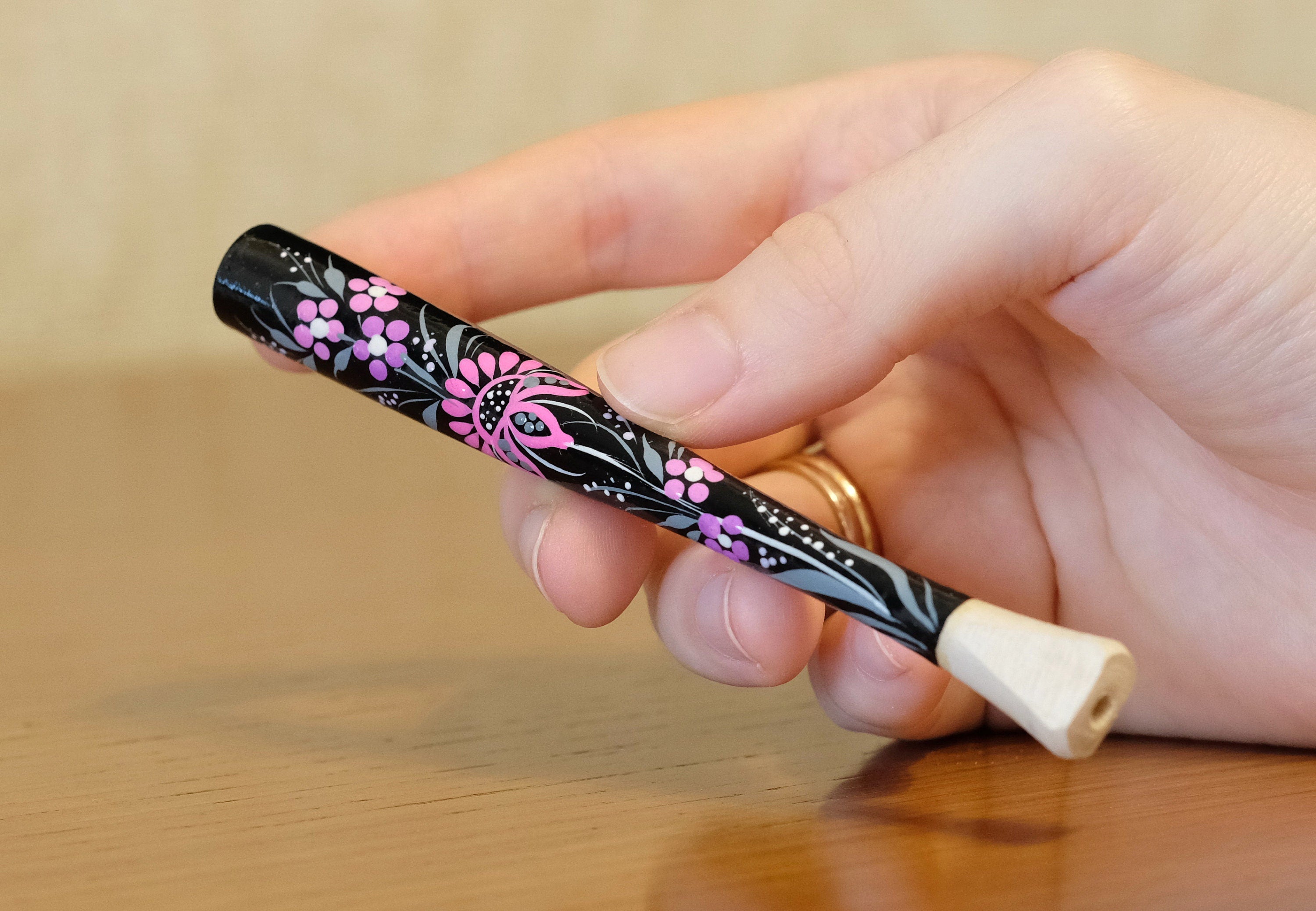 Wooden Slim Cigarette Holder Hand-painted with Ukrainian Folk Art Petrykivka