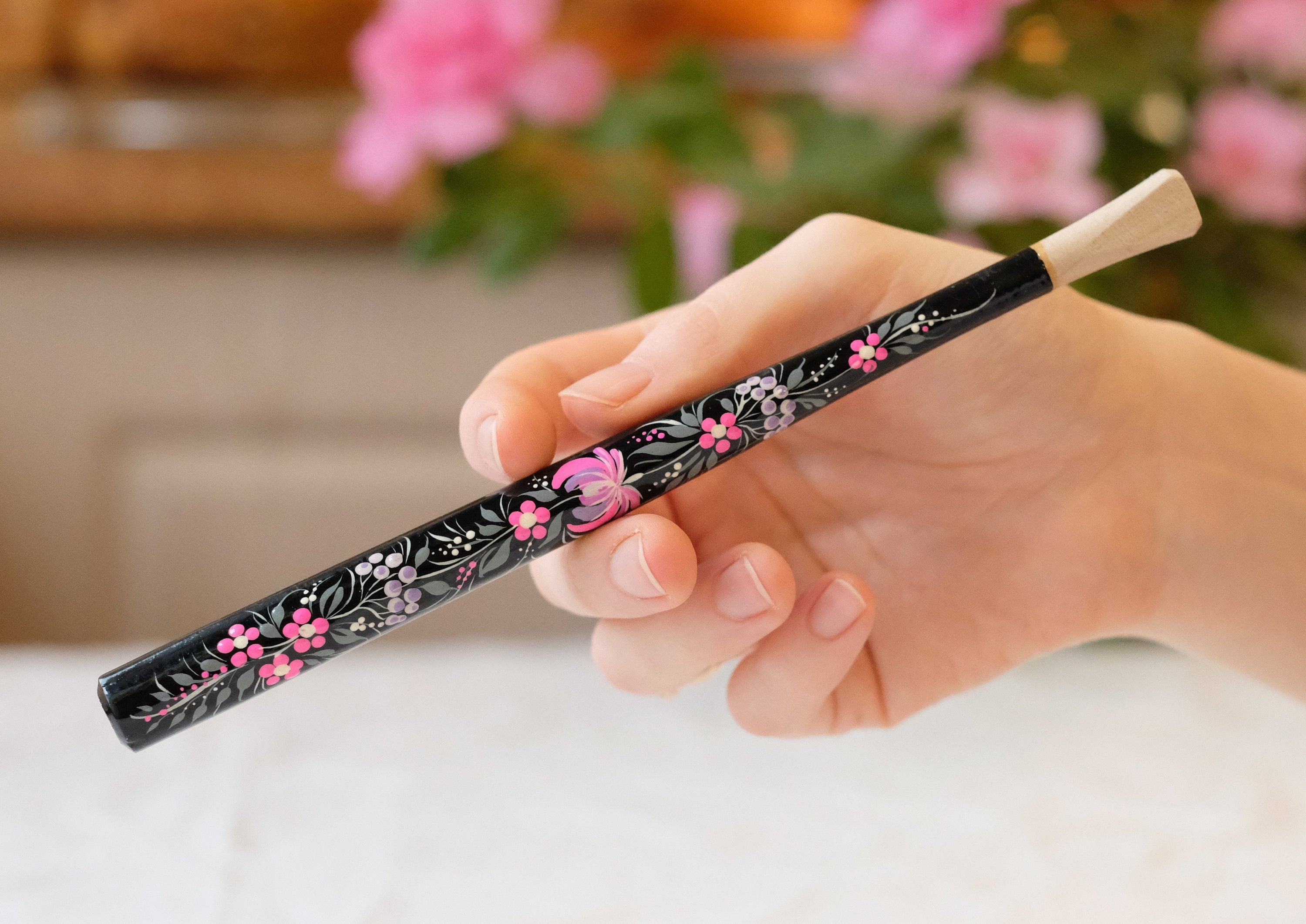 Long Regular Cigarette Holder 7.8 inches - Painted Wooden Pink Flower Mouthpiece with Ukrainian Folk Art Petrykivka