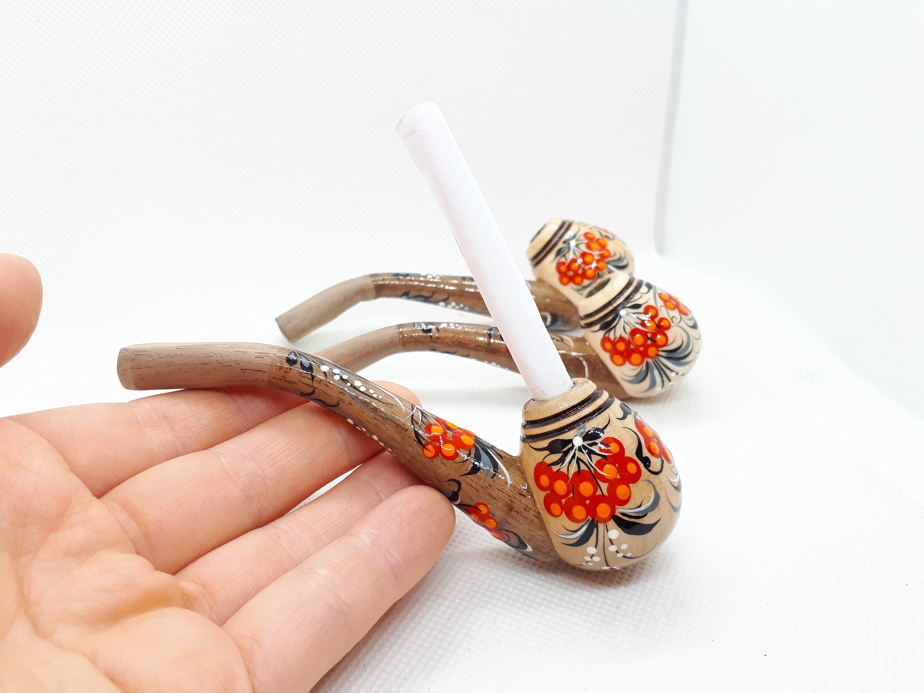 Regular Cigarette Holder - Painted Wooden Mini Pipe Cigarette Holder with Ukrainian Folk Art Petrykivka