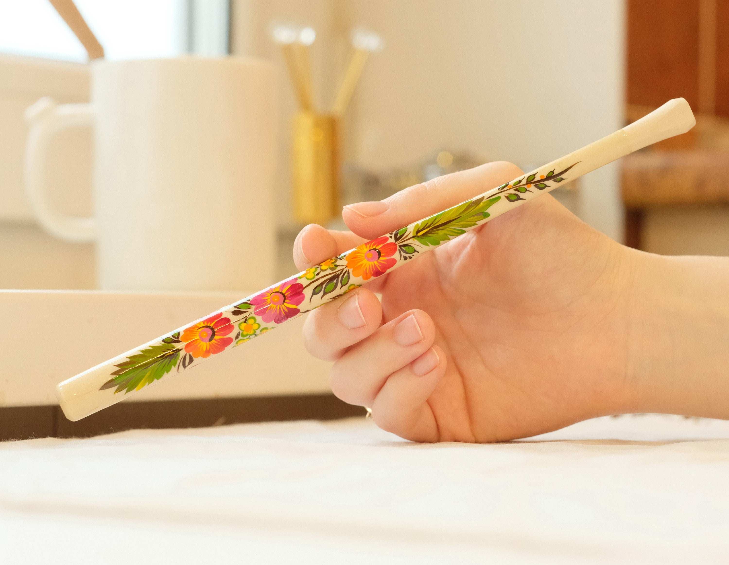 Extra long regular cigarette holder 9.1"/23 cm - Hand-painted wooden orange flower cigarette holder with Ukrainian Petrykivka art