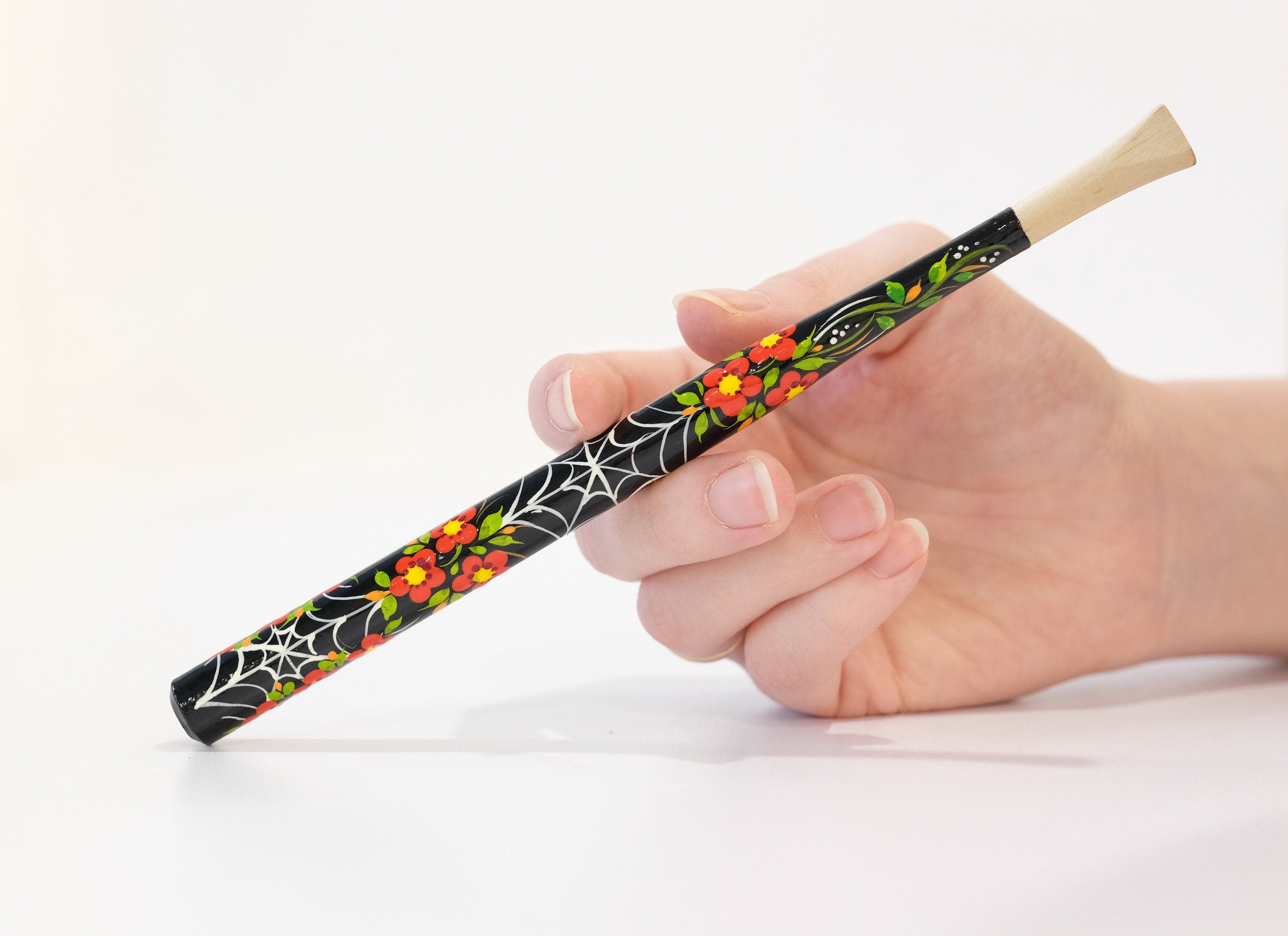 Wooden Regular Cigarette Holder - Hand-painted with Ukrainian Folk Art Petrykivka - Spider Web & Red Flowers