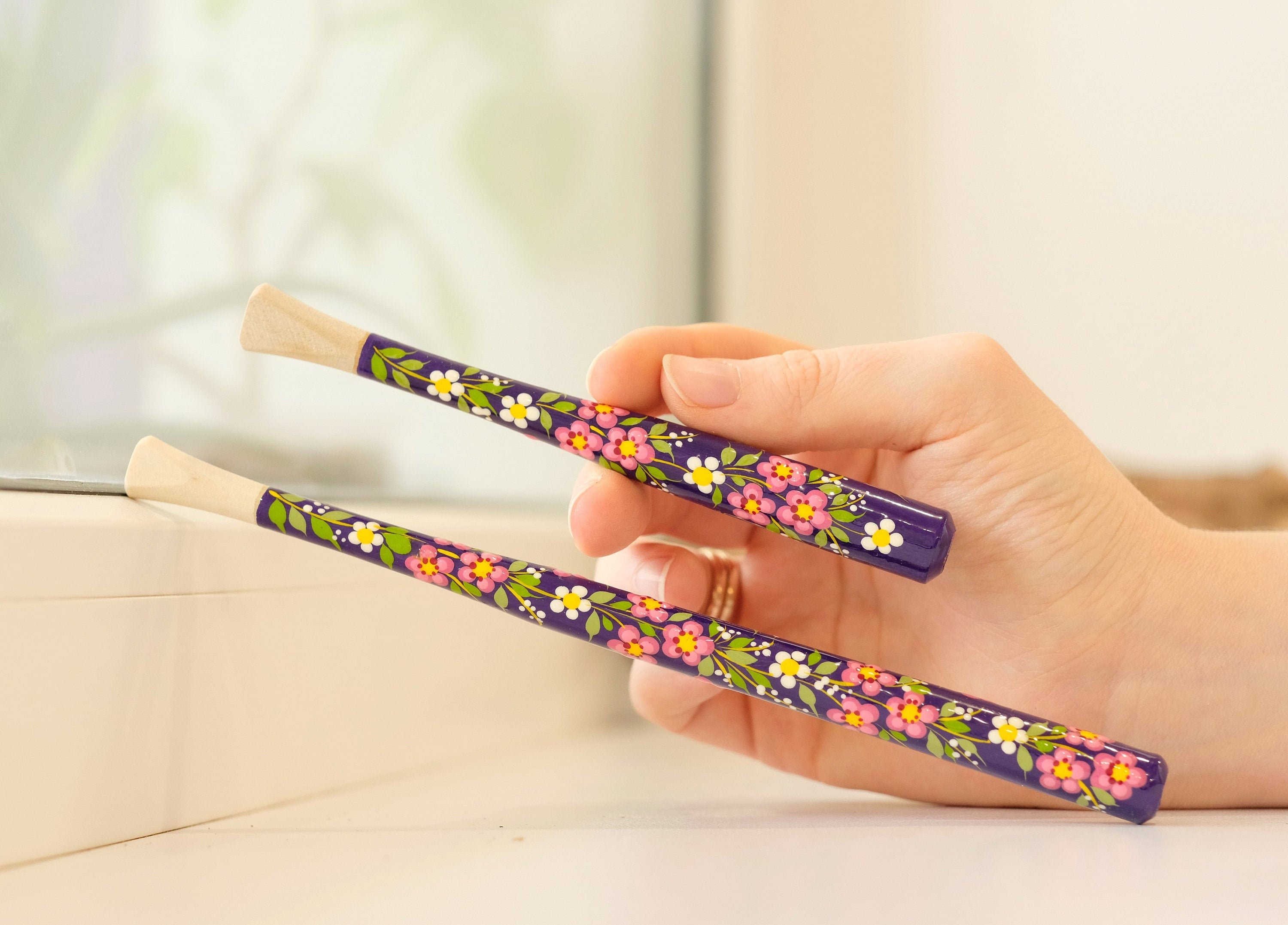 Painted Wooden Regular Cigarette Holder with Ukrainian Folk Art Petrykivka - Cherry Blossom Flower Mouthpiece