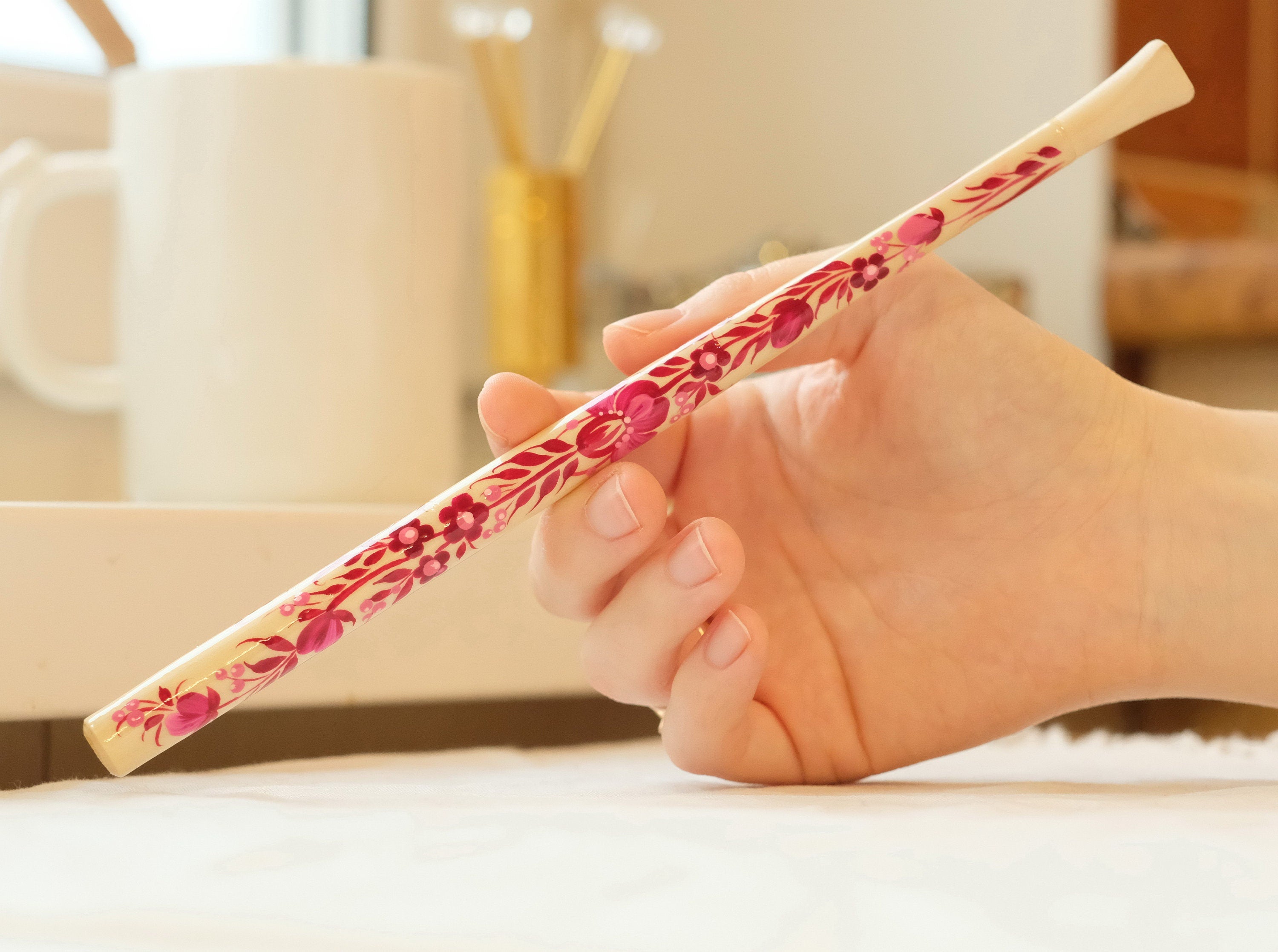 Extra long regular cigarette holder 9.1"/23 cm - Hand-painted wooden burgundy & pink flower cigarette holder with Ukrainian Petrykivka art