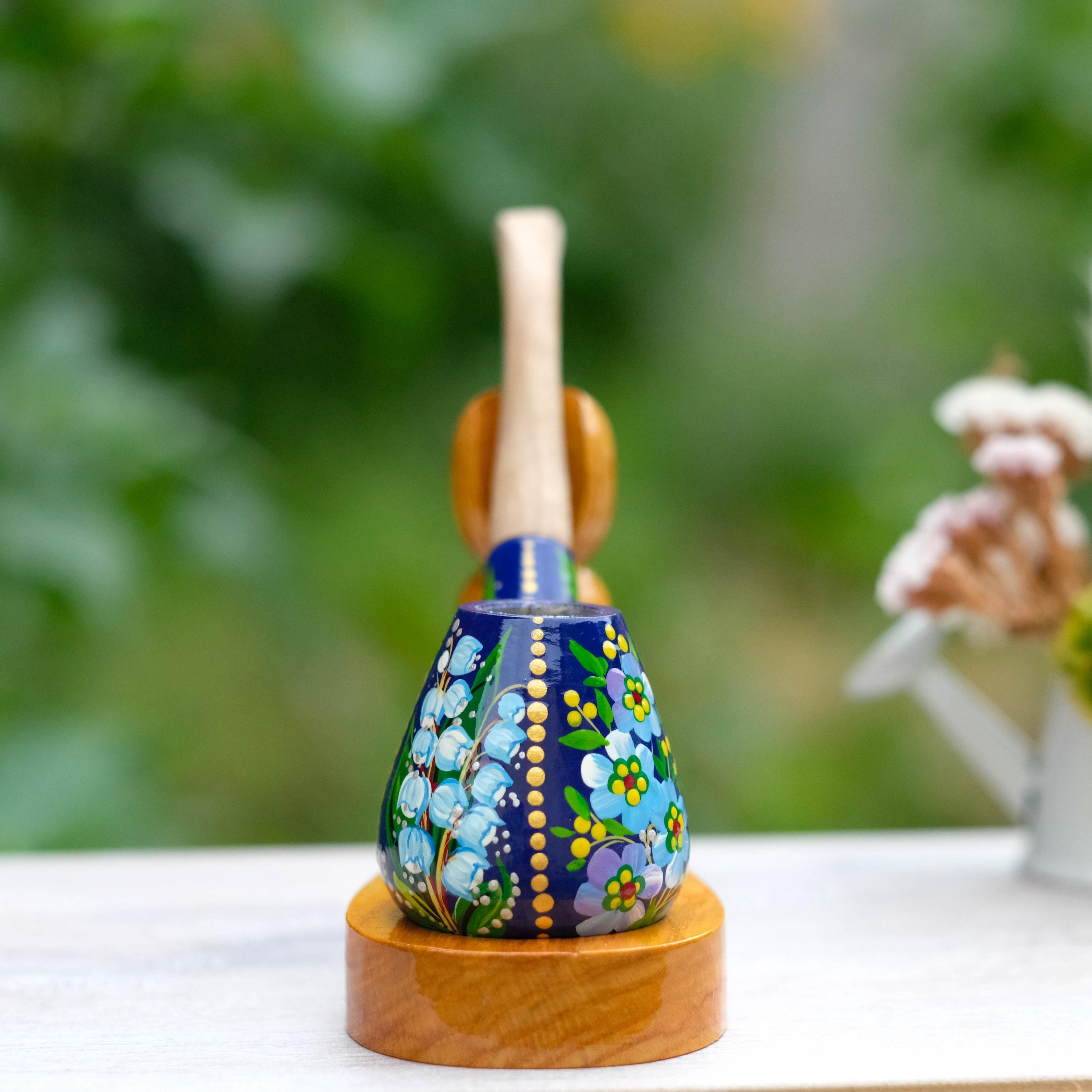 Painted Wooden Smoking Pipe - Lily of the Valley & Forget-me-not Tobacco Pipe, Ukrainian Folk Art Petrykivka
