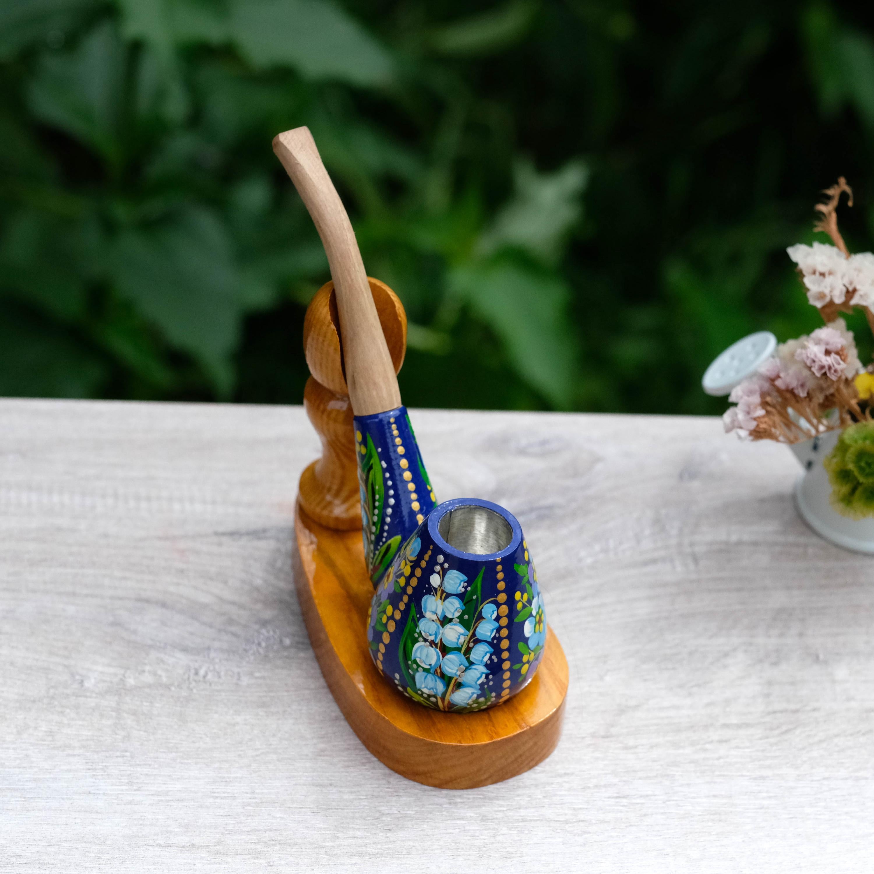 Painted Wooden Smoking Pipe - Lily of the Valley & Forget-me-not Tobacco Pipe, Ukrainian Folk Art Petrykivka