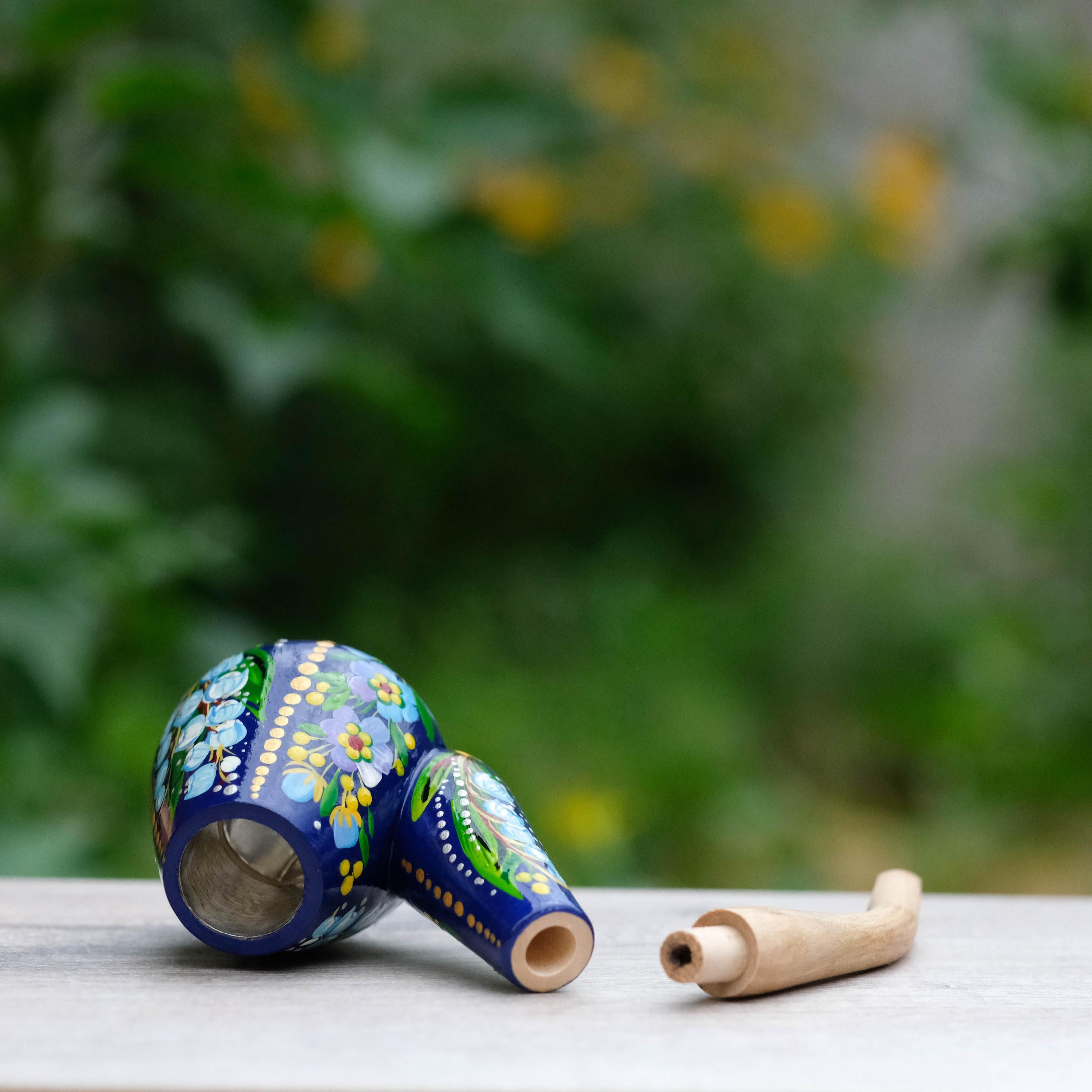 Painted Wooden Smoking Pipe - Lily of the Valley & Forget-me-not Tobacco Pipe, Ukrainian Folk Art Petrykivka