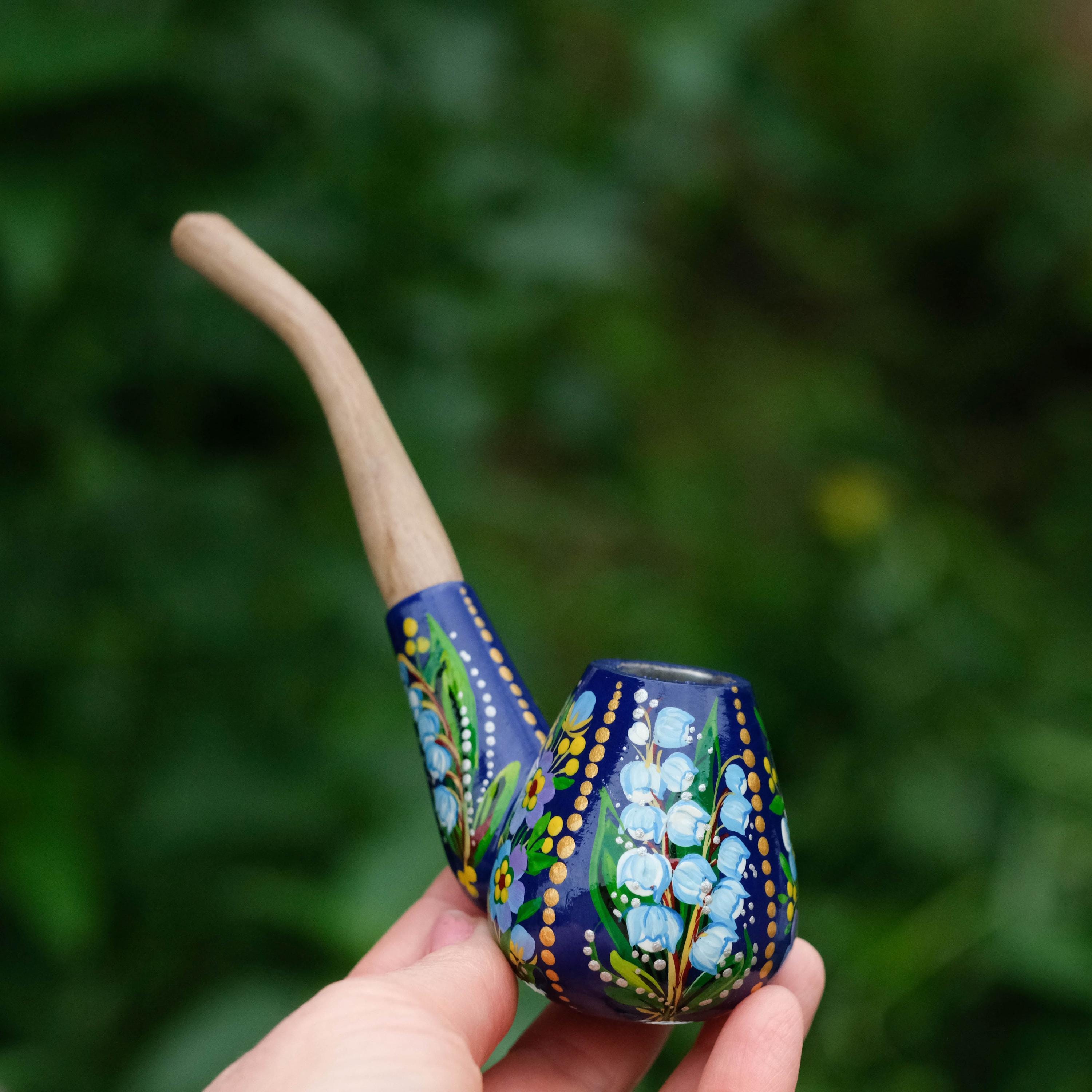Painted Wooden Smoking Pipe - Lily of the Valley & Forget-me-not Tobacco Pipe, Ukrainian Folk Art Petrykivka