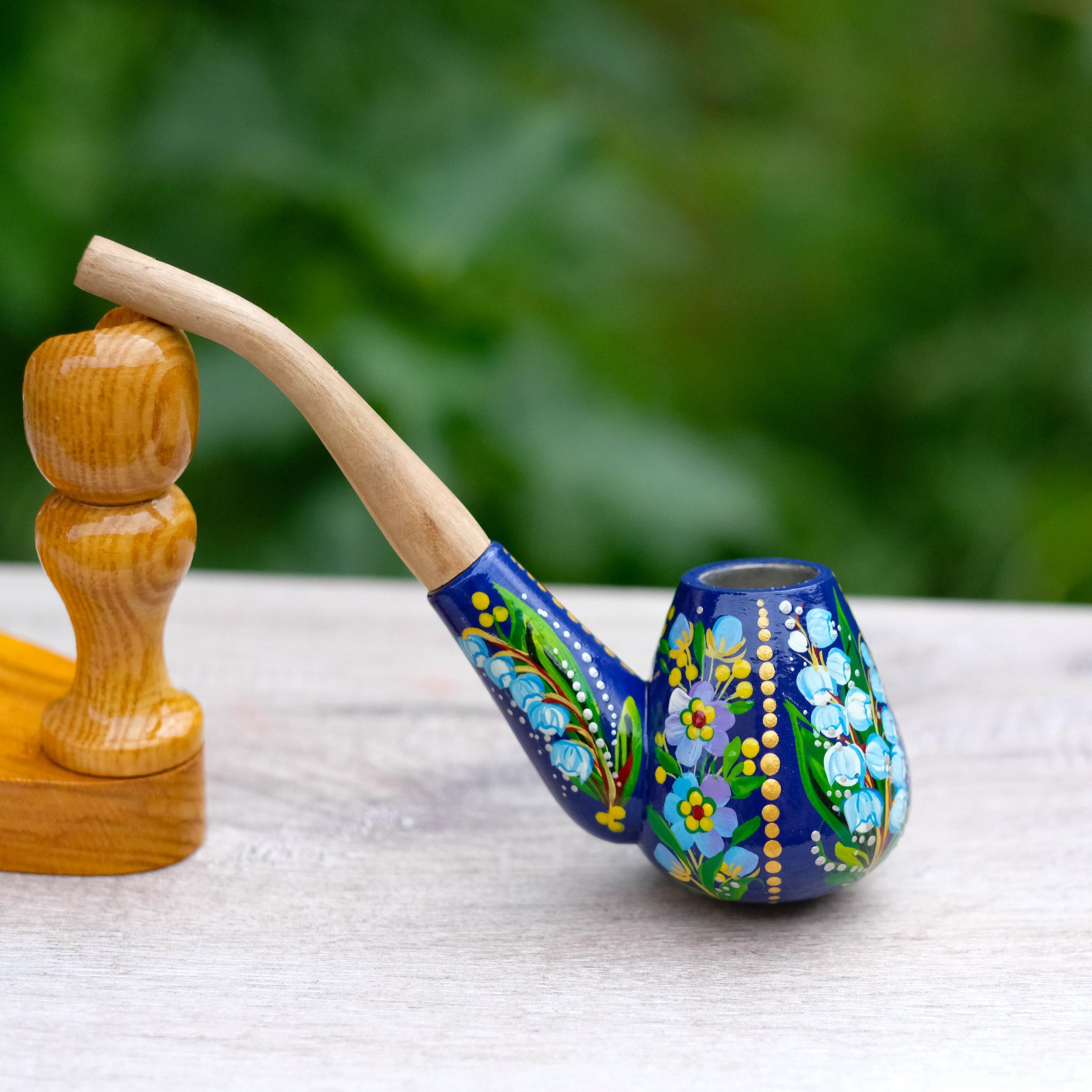 Painted Wooden Smoking Pipe - Lily of the Valley & Forget-me-not Tobacco Pipe, Ukrainian Folk Art Petrykivka