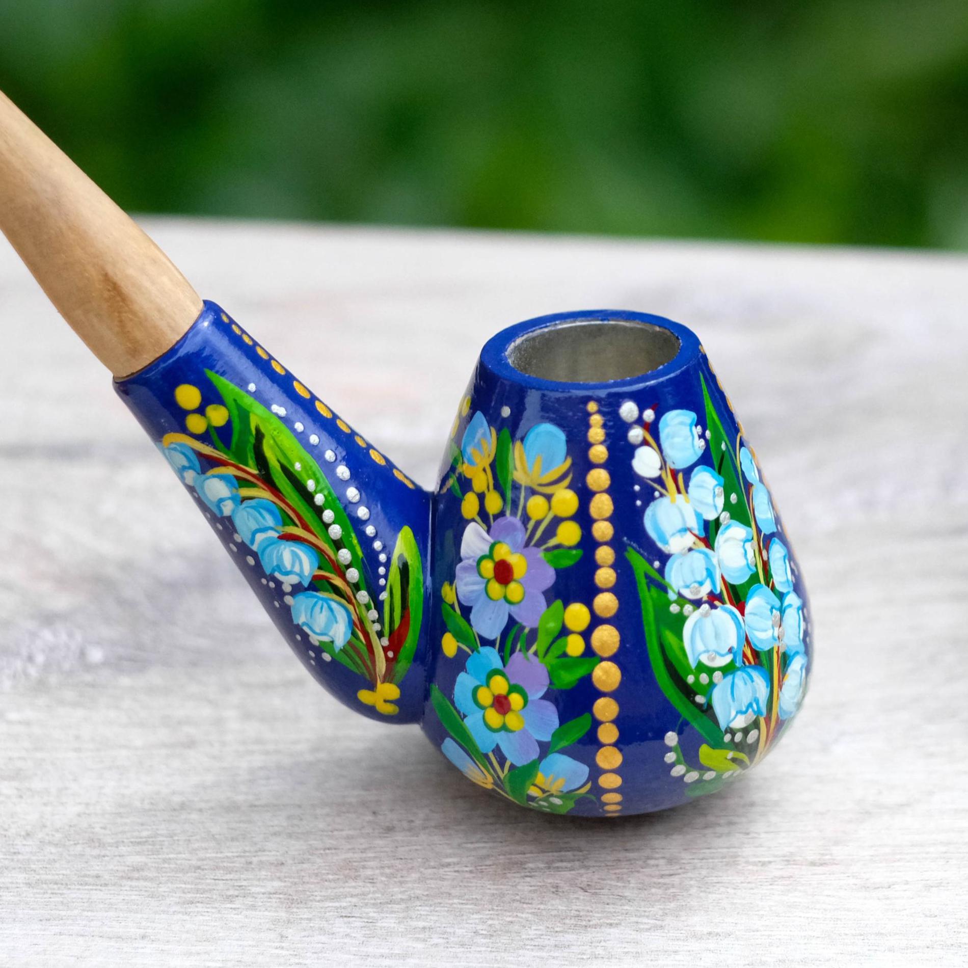 Painted Wooden Smoking Pipe - Lily of the Valley & Forget-me-not Tobacco Pipe, Ukrainian Folk Art Petrykivka