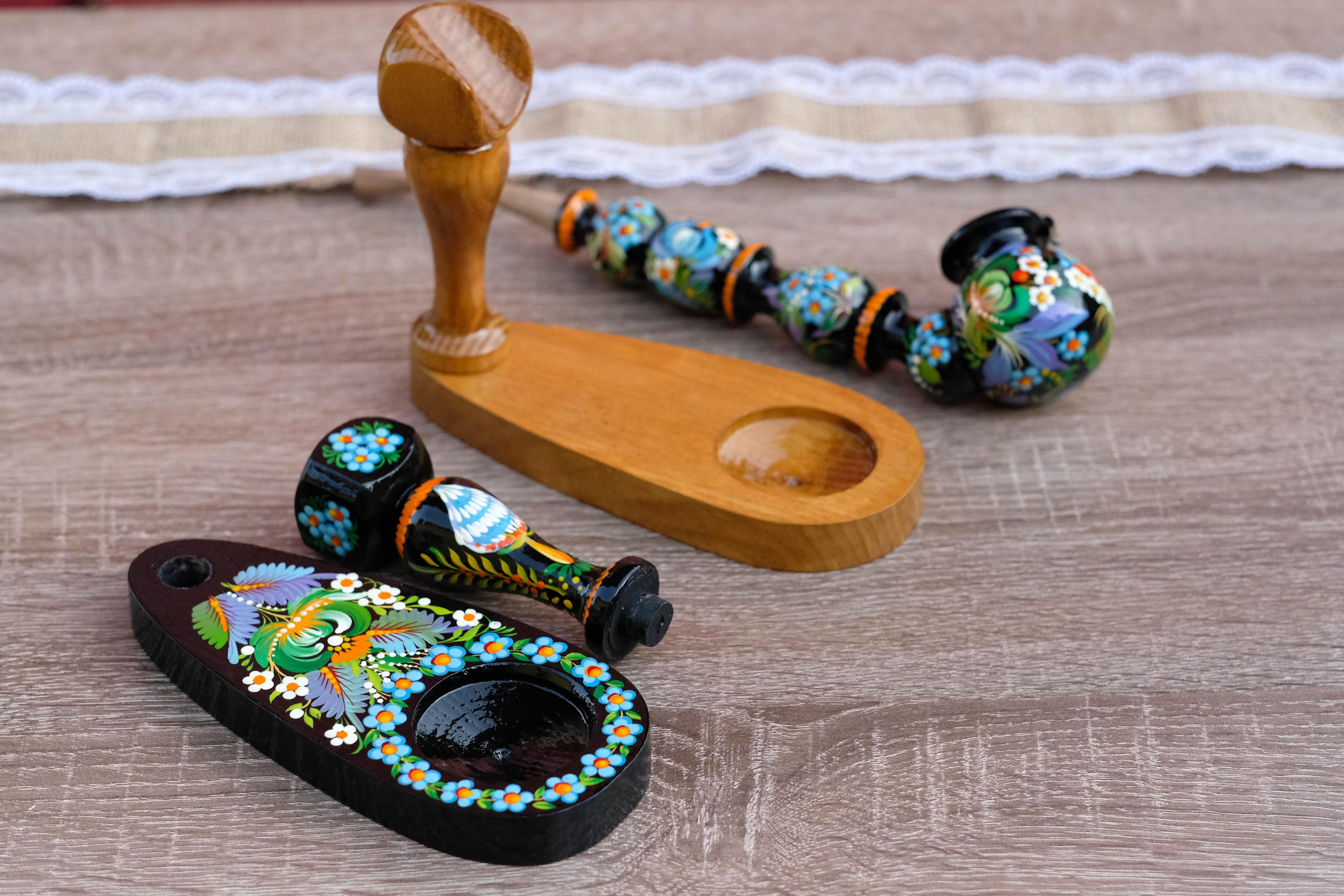 Painted Wooden Mushroom Smoking Pipe - Ukrainian Folk Art Petrykivka Tobacco Pipe with Blue Flowers