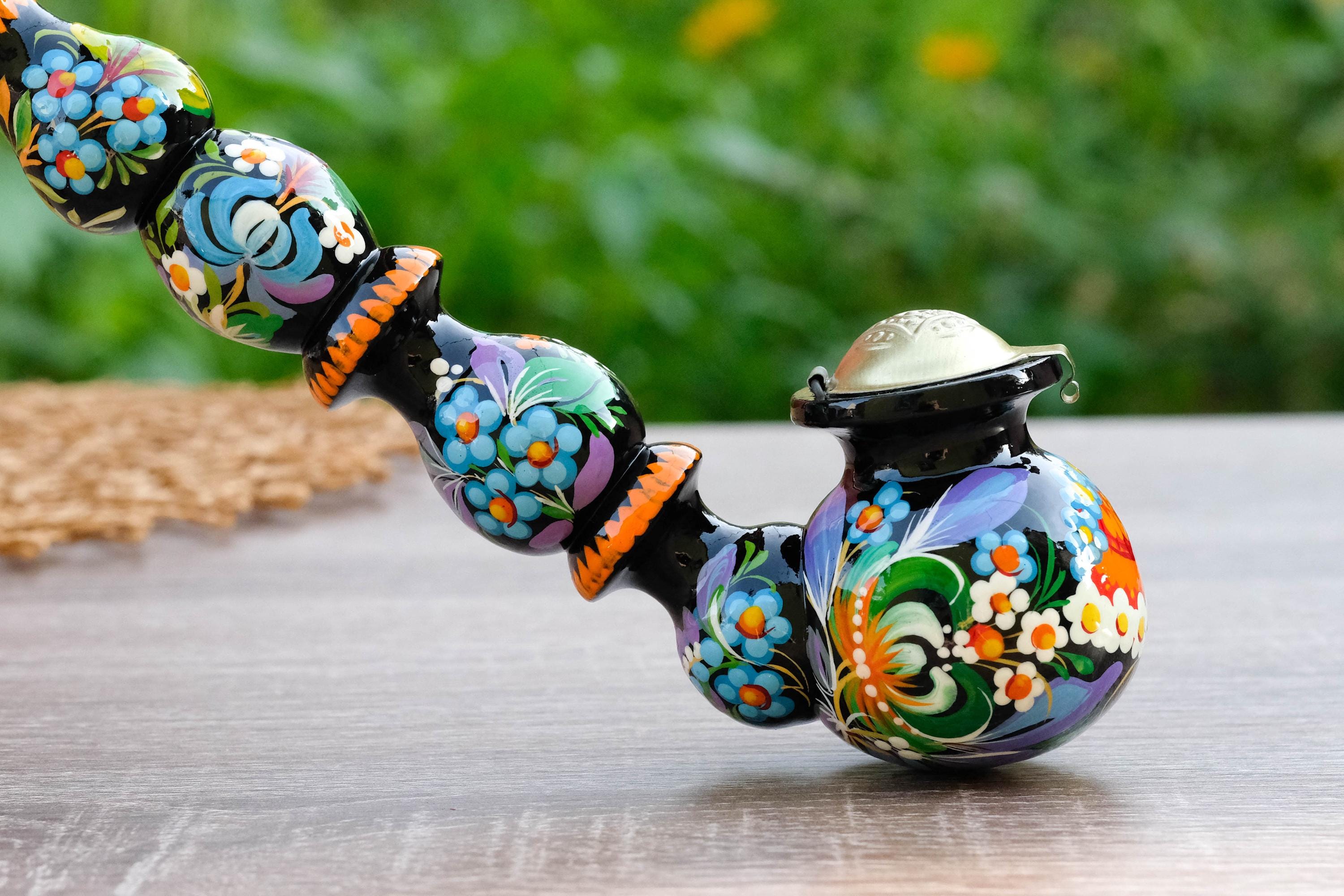 Painted Wooden Mushroom Smoking Pipe - Ukrainian Folk Art Petrykivka Tobacco Pipe with Blue Flowers