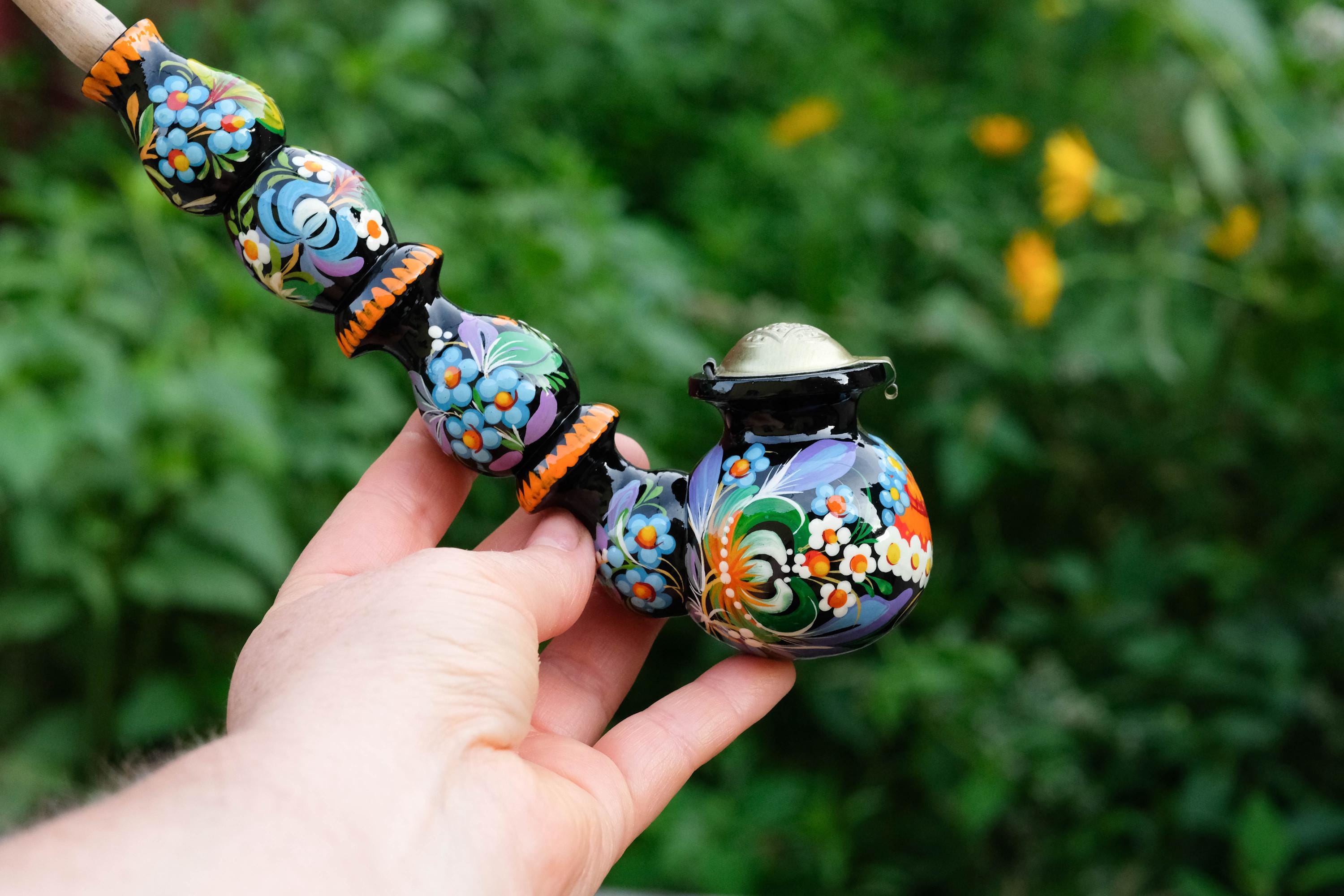 Painted Wooden Mushroom Smoking Pipe - Ukrainian Folk Art Petrykivka Tobacco Pipe with Blue Flowers