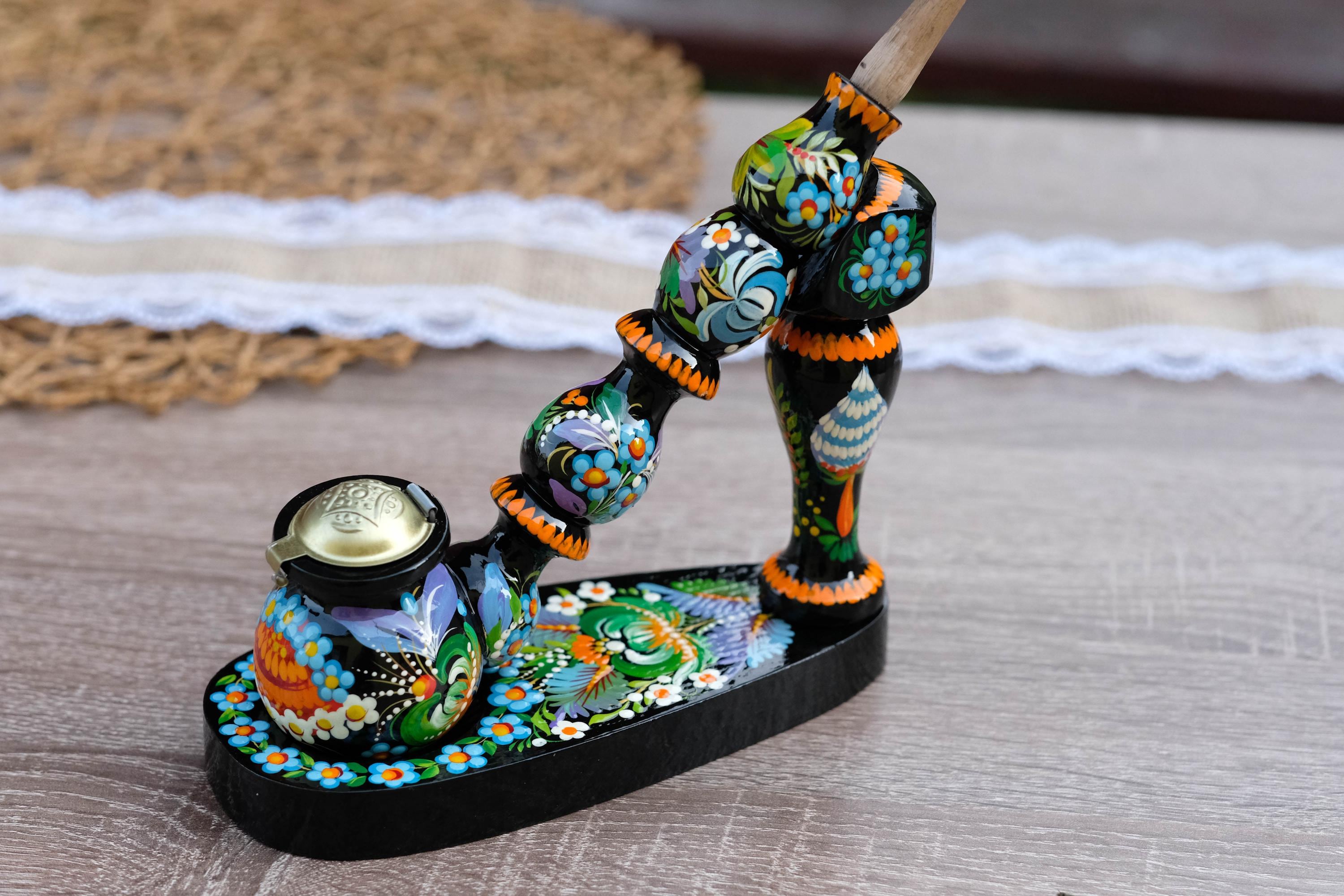 Painted Wooden Mushroom Smoking Pipe - Ukrainian Folk Art Petrykivka Tobacco Pipe with Blue Flowers