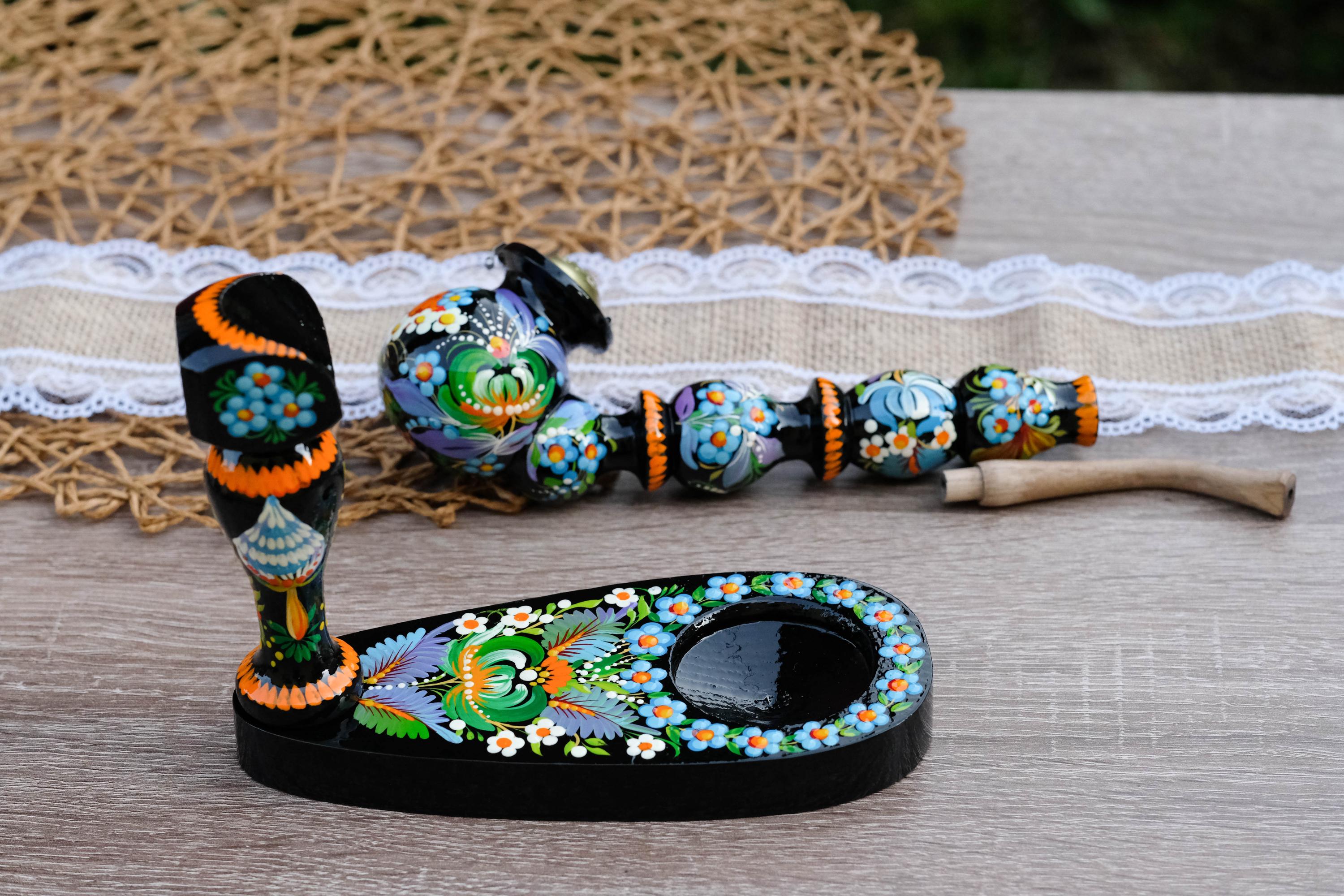 Painted Wooden Mushroom Smoking Pipe - Ukrainian Folk Art Petrykivka Tobacco Pipe with Blue Flowers