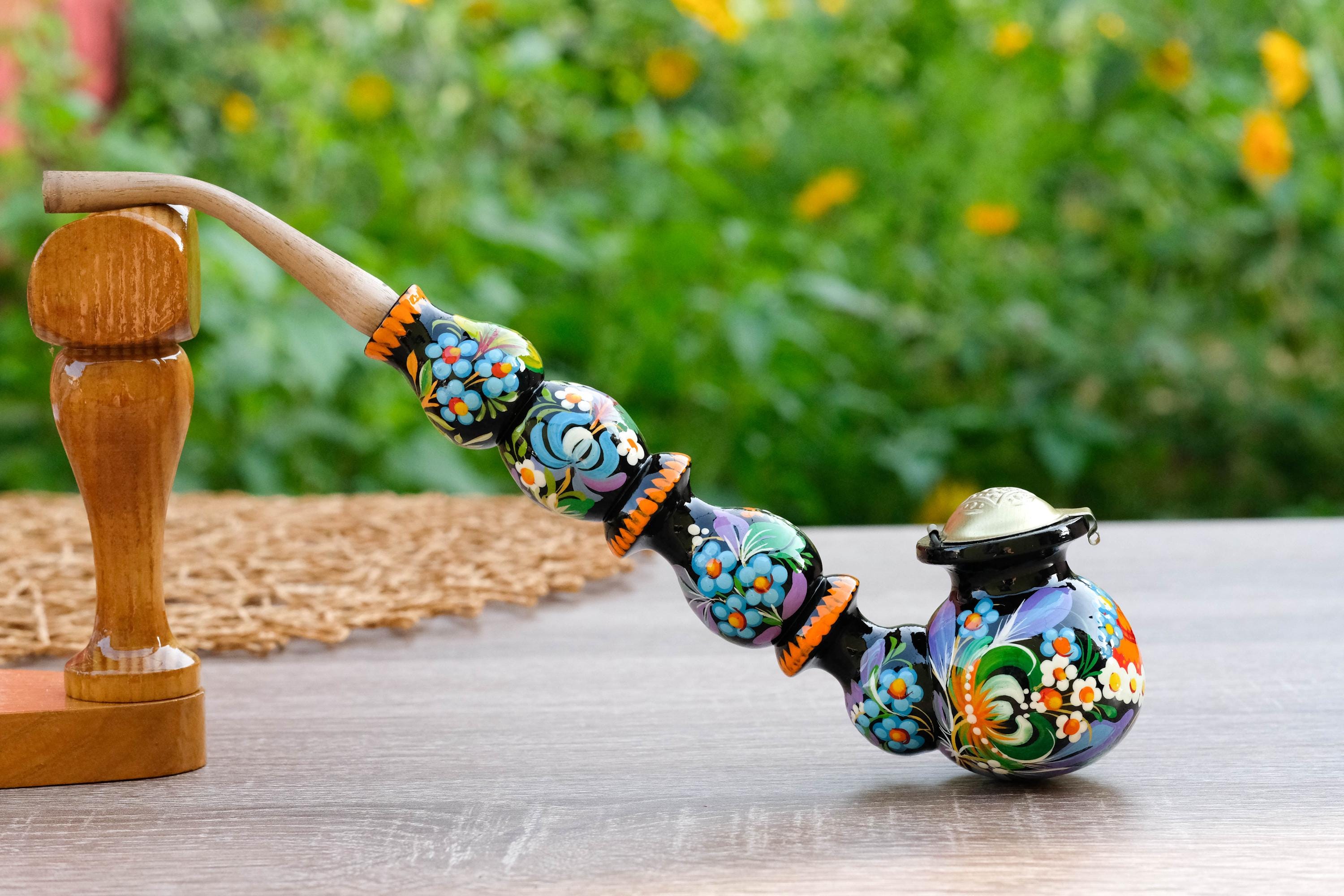 Painted Wooden Mushroom Smoking Pipe - Ukrainian Folk Art Petrykivka Tobacco Pipe with Blue Flowers