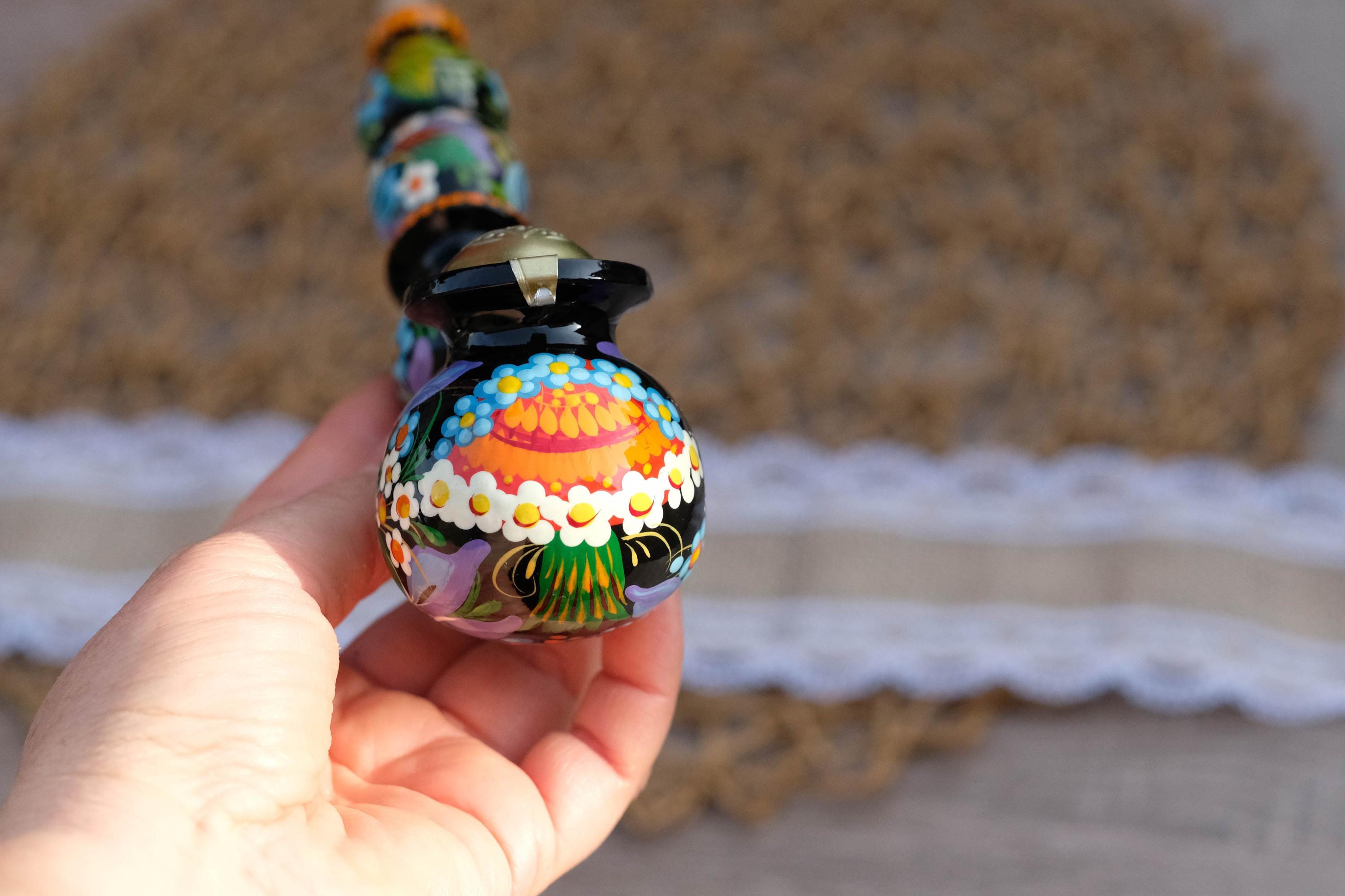 Painted Wooden Mushroom Smoking Pipe - Ukrainian Folk Art Petrykivka Tobacco Pipe with Blue Flowers