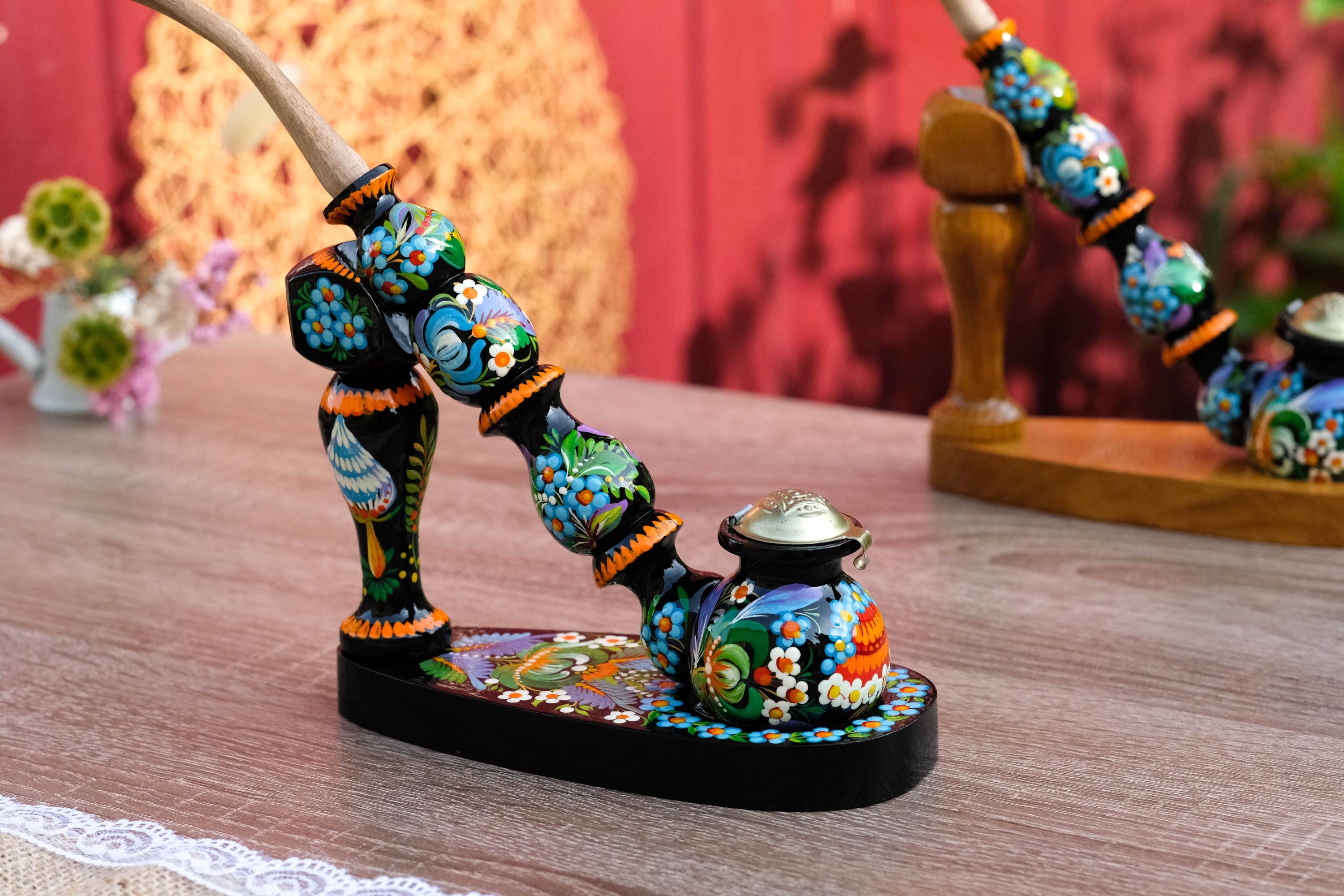 Painted Wooden Mushroom Smoking Pipe - Ukrainian Folk Art Petrykivka Tobacco Pipe with Blue Flowers