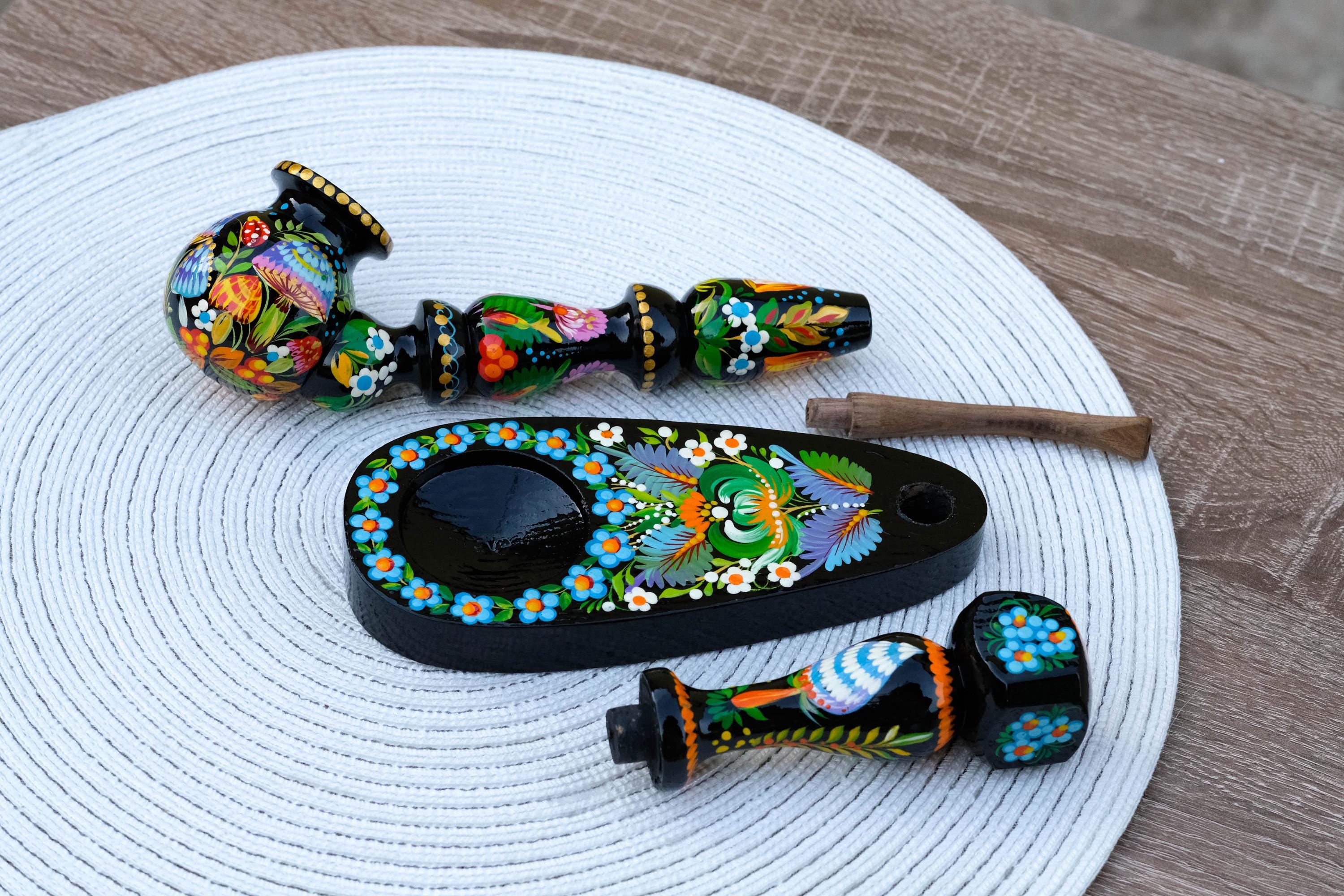 Wooden Mushroom Smoking Pipe - Hand-Painted Ladybug Tobacco Pipe - Ukrainian Folk Art Petrykivka