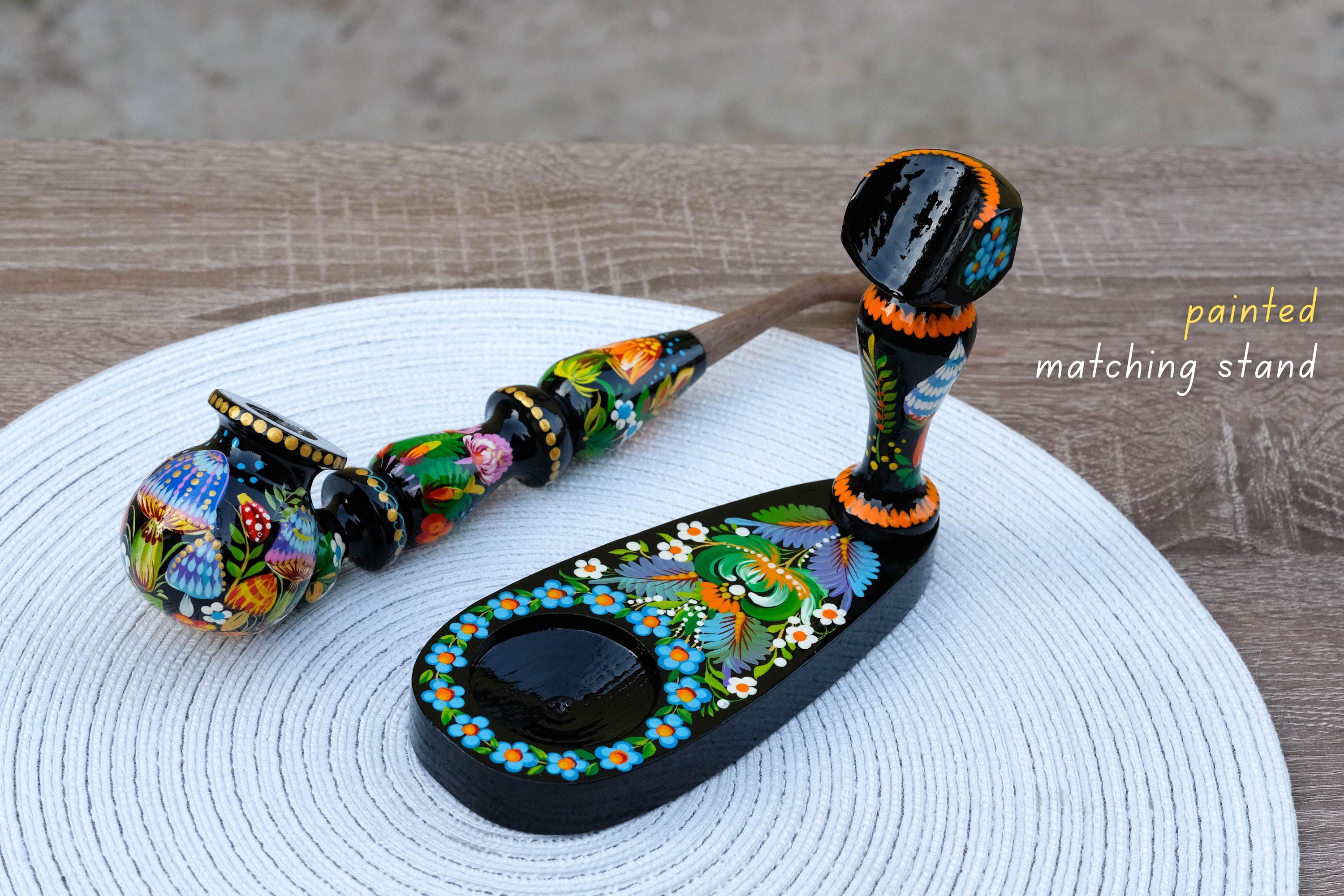 Wooden Mushroom Smoking Pipe - Hand-Painted Ladybug Tobacco Pipe - Ukrainian Folk Art Petrykivka