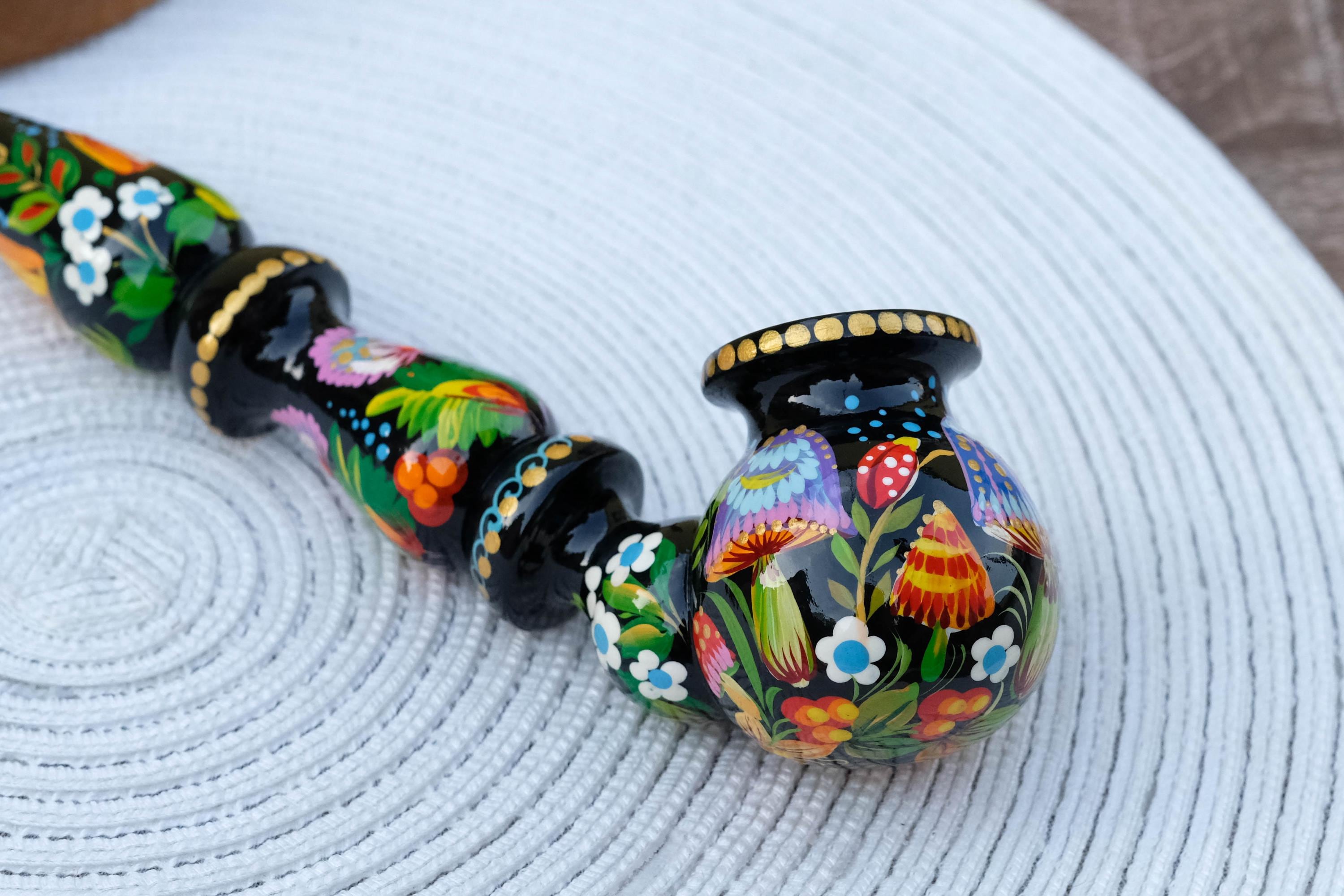 Wooden Mushroom Smoking Pipe - Hand-Painted Ladybug Tobacco Pipe - Ukrainian Folk Art Petrykivka