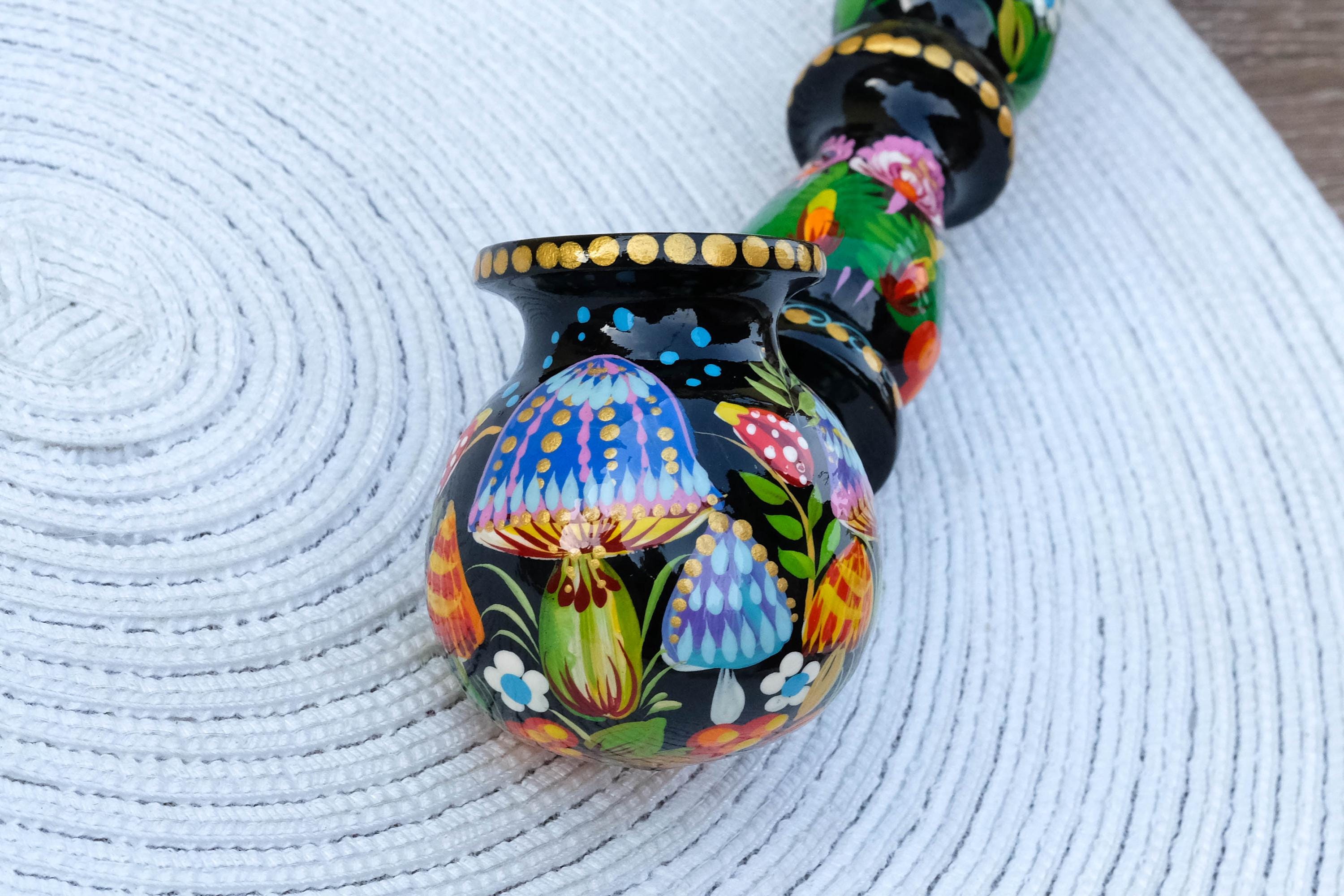 Wooden Mushroom Smoking Pipe - Hand-Painted Ladybug Tobacco Pipe - Ukrainian Folk Art Petrykivka