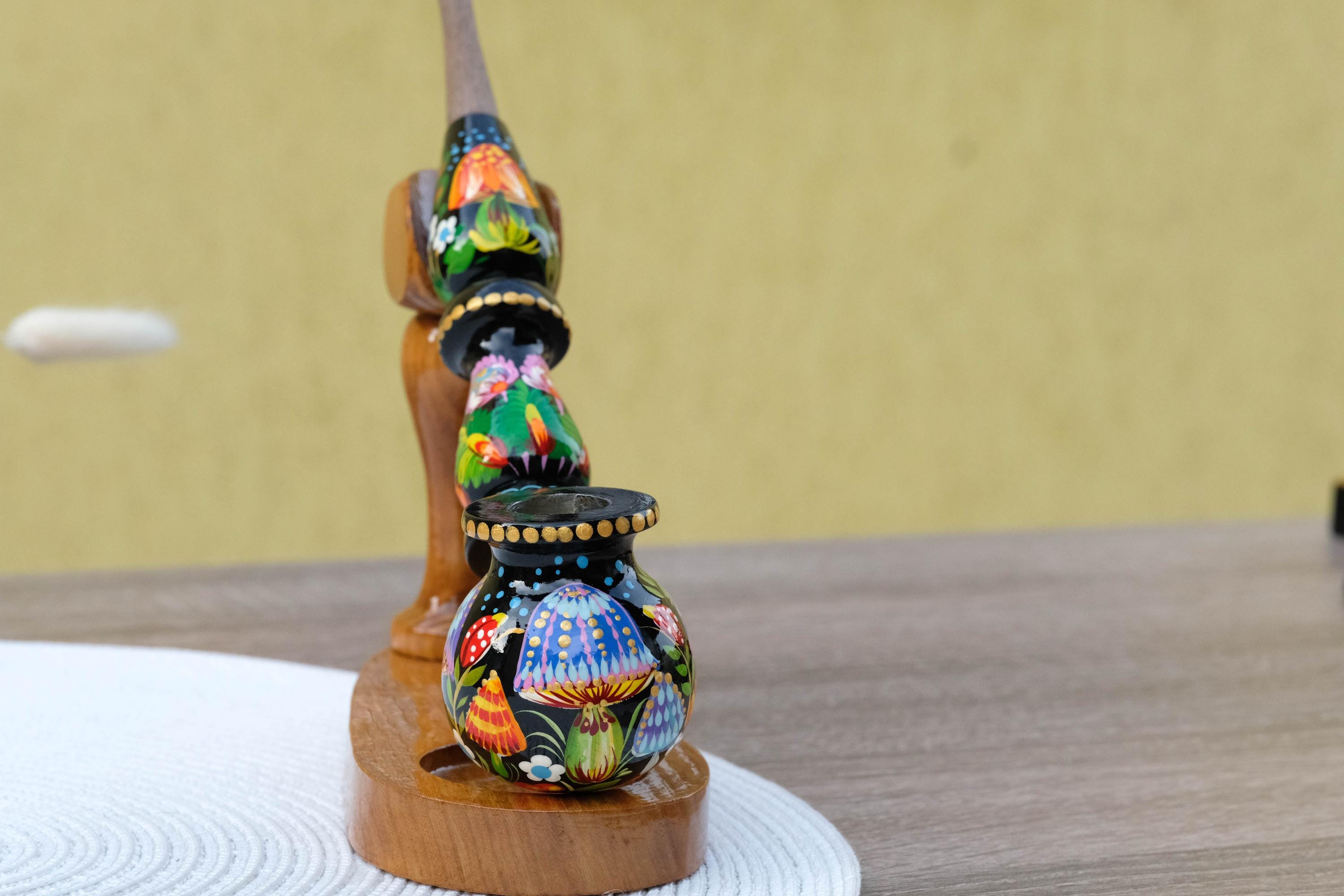 Wooden Mushroom Smoking Pipe - Hand-Painted Ladybug Tobacco Pipe - Ukrainian Folk Art Petrykivka