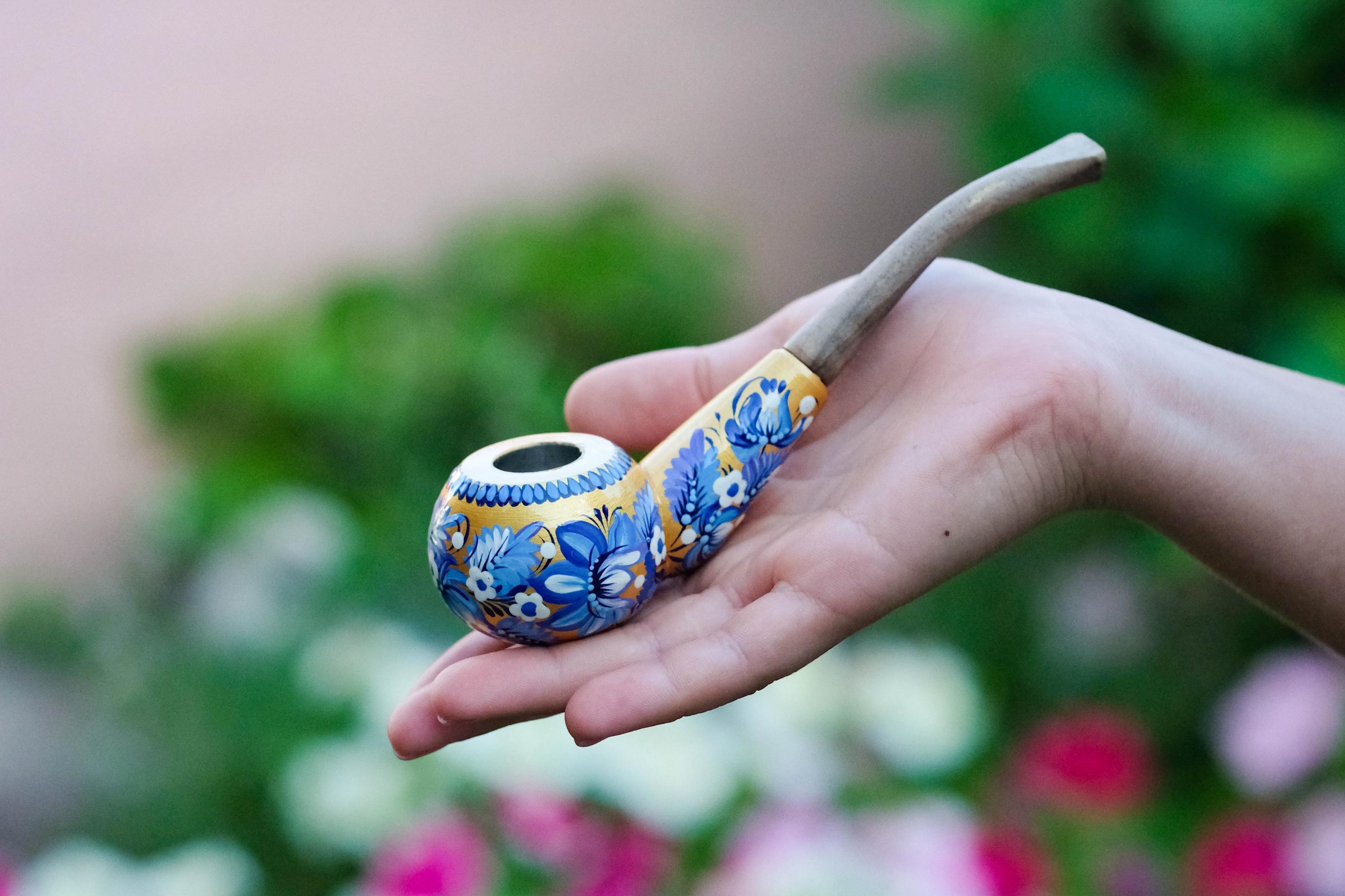 Painted Wooden Smoking Pipe - Tobacco Pipe with Ukrainian Folk Art Petrykivka - Golden & Blue Flowers