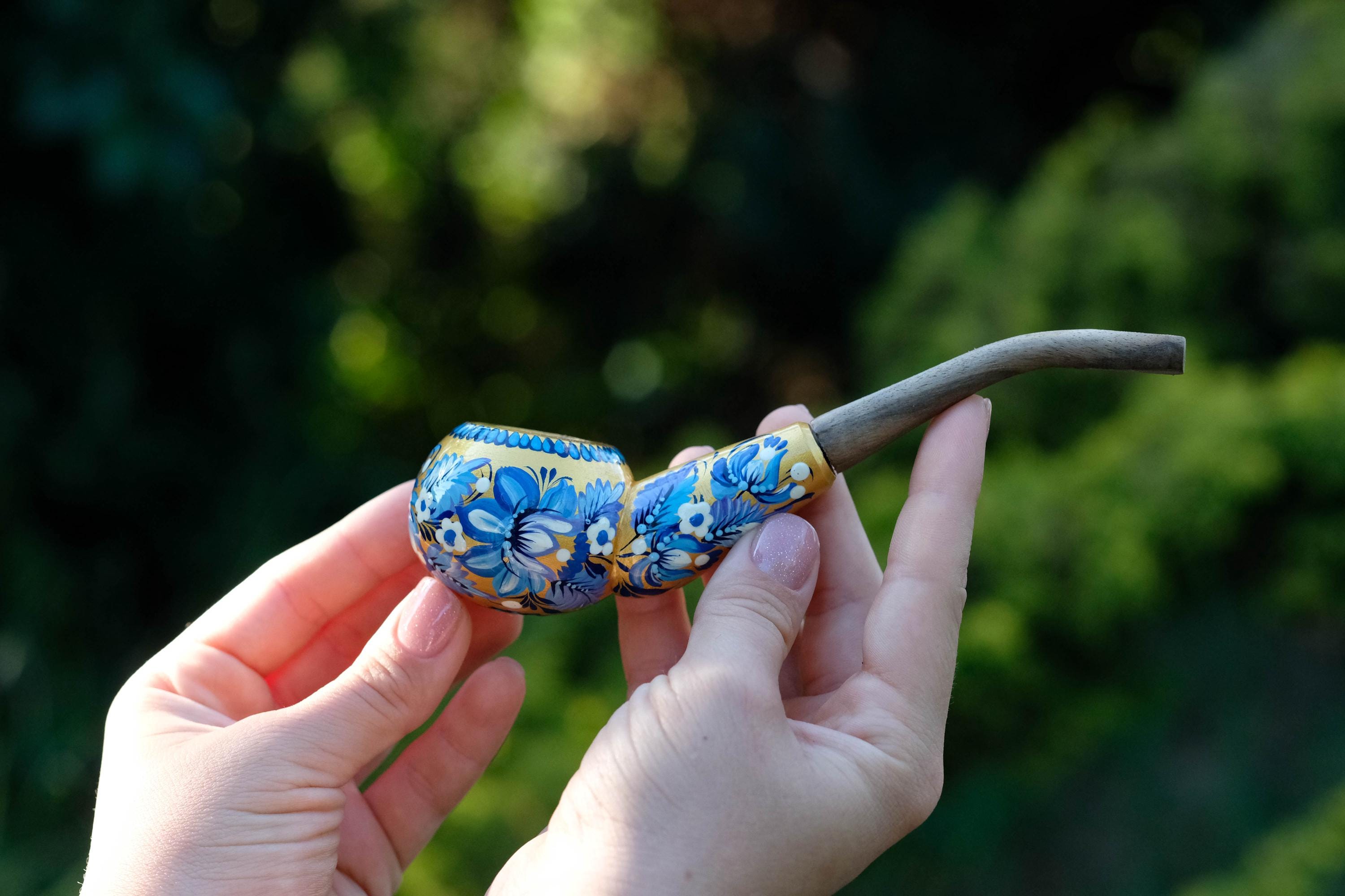 Painted Wooden Smoking Pipe - Tobacco Pipe with Ukrainian Folk Art Petrykivka - Golden & Blue Flowers