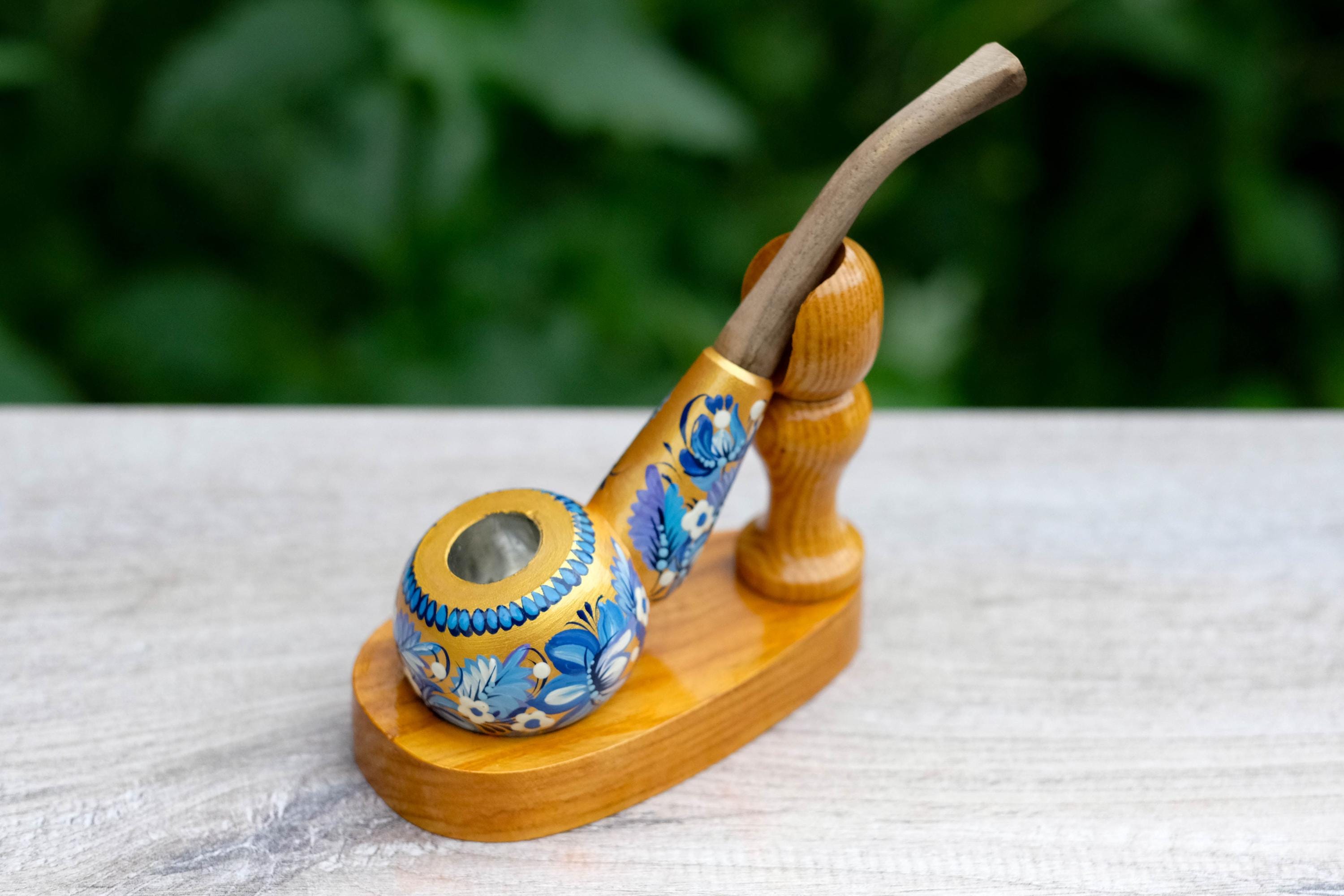 Painted Wooden Smoking Pipe - Tobacco Pipe with Ukrainian Folk Art Petrykivka - Golden & Blue Flowers