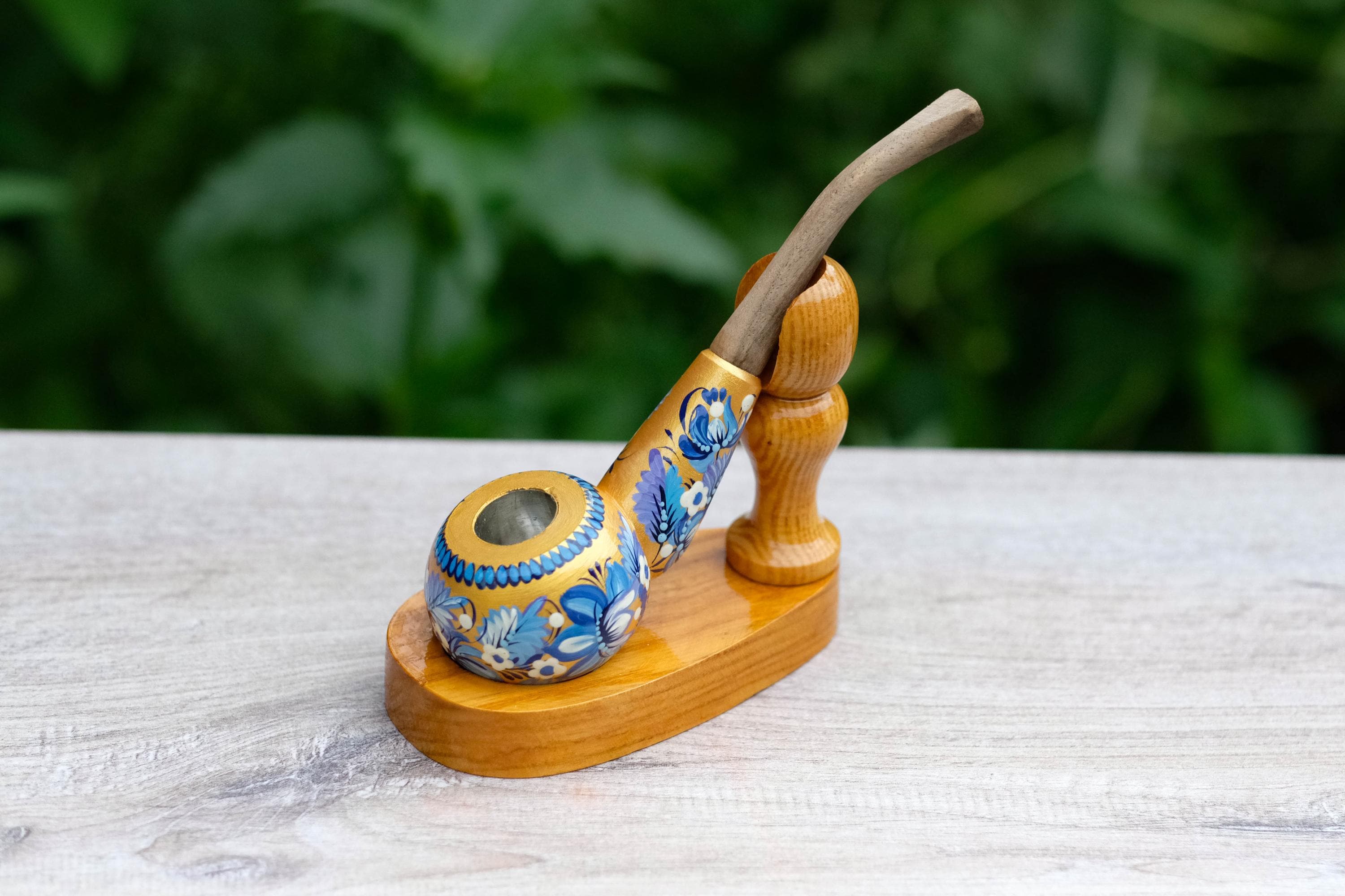 Painted Wooden Smoking Pipe - Tobacco Pipe with Ukrainian Folk Art Petrykivka - Golden & Blue Flowers