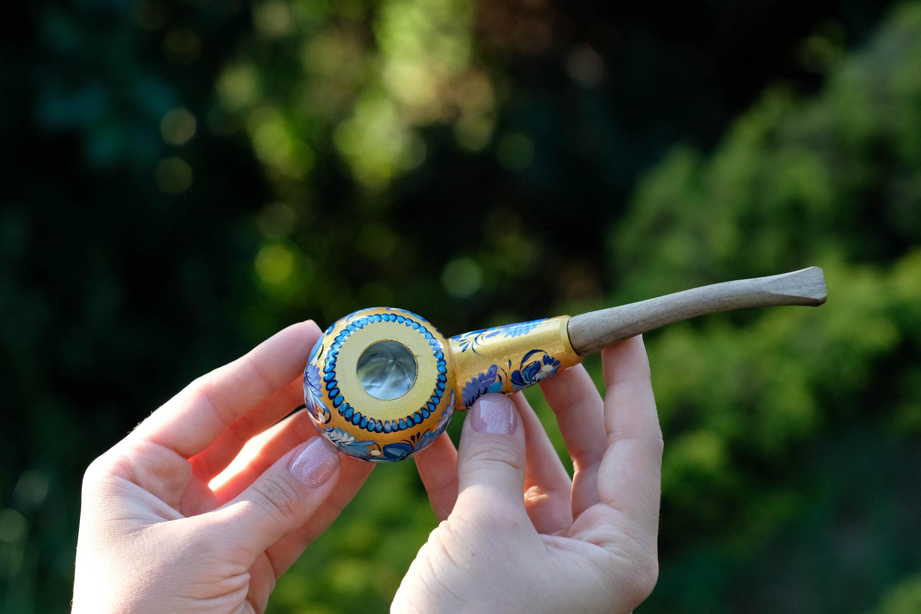 Painted Wooden Smoking Pipe - Tobacco Pipe with Ukrainian Folk Art Petrykivka - Golden & Blue Flowers
