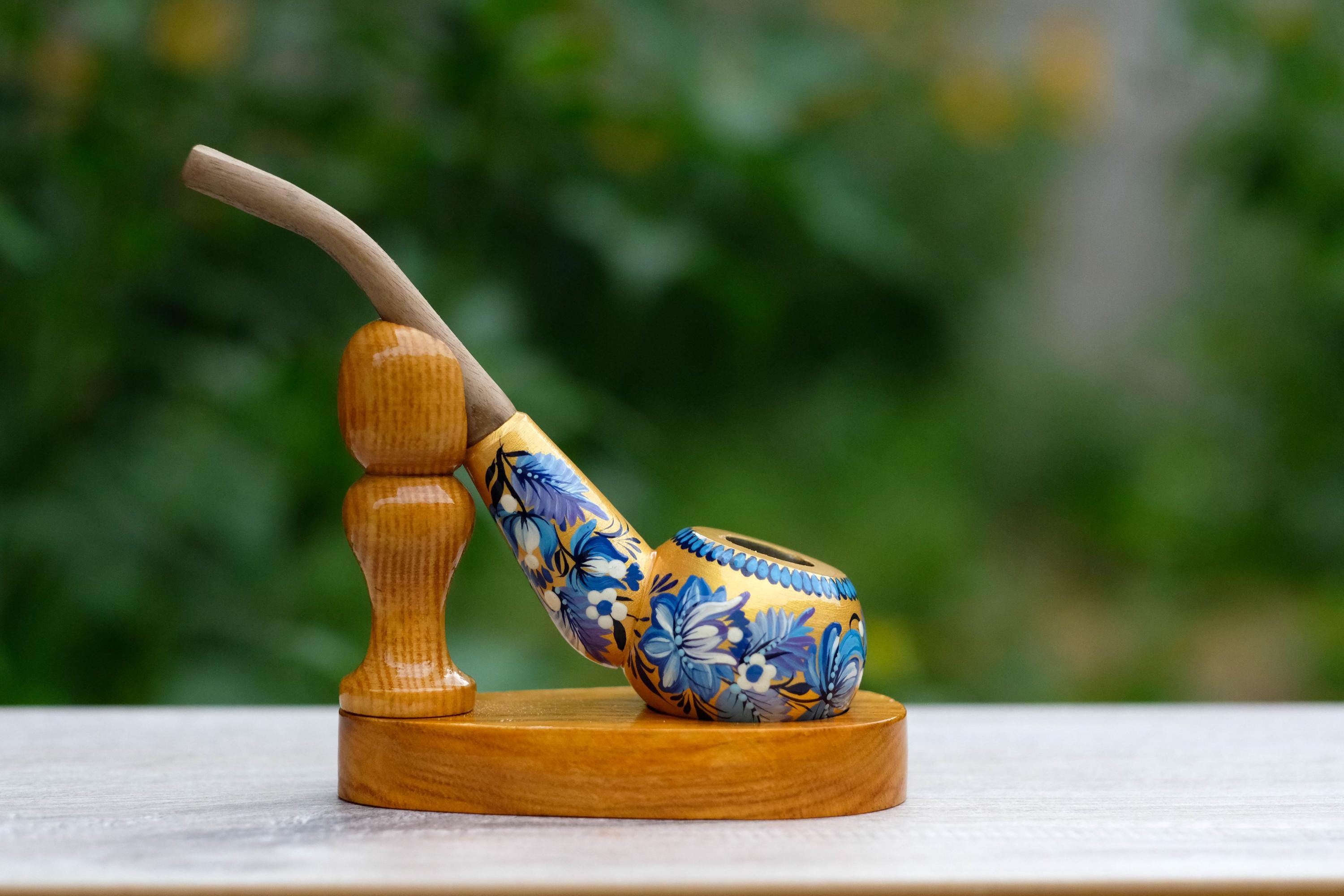 Painted Wooden Smoking Pipe - Tobacco Pipe with Ukrainian Folk Art Petrykivka - Golden & Blue Flowers