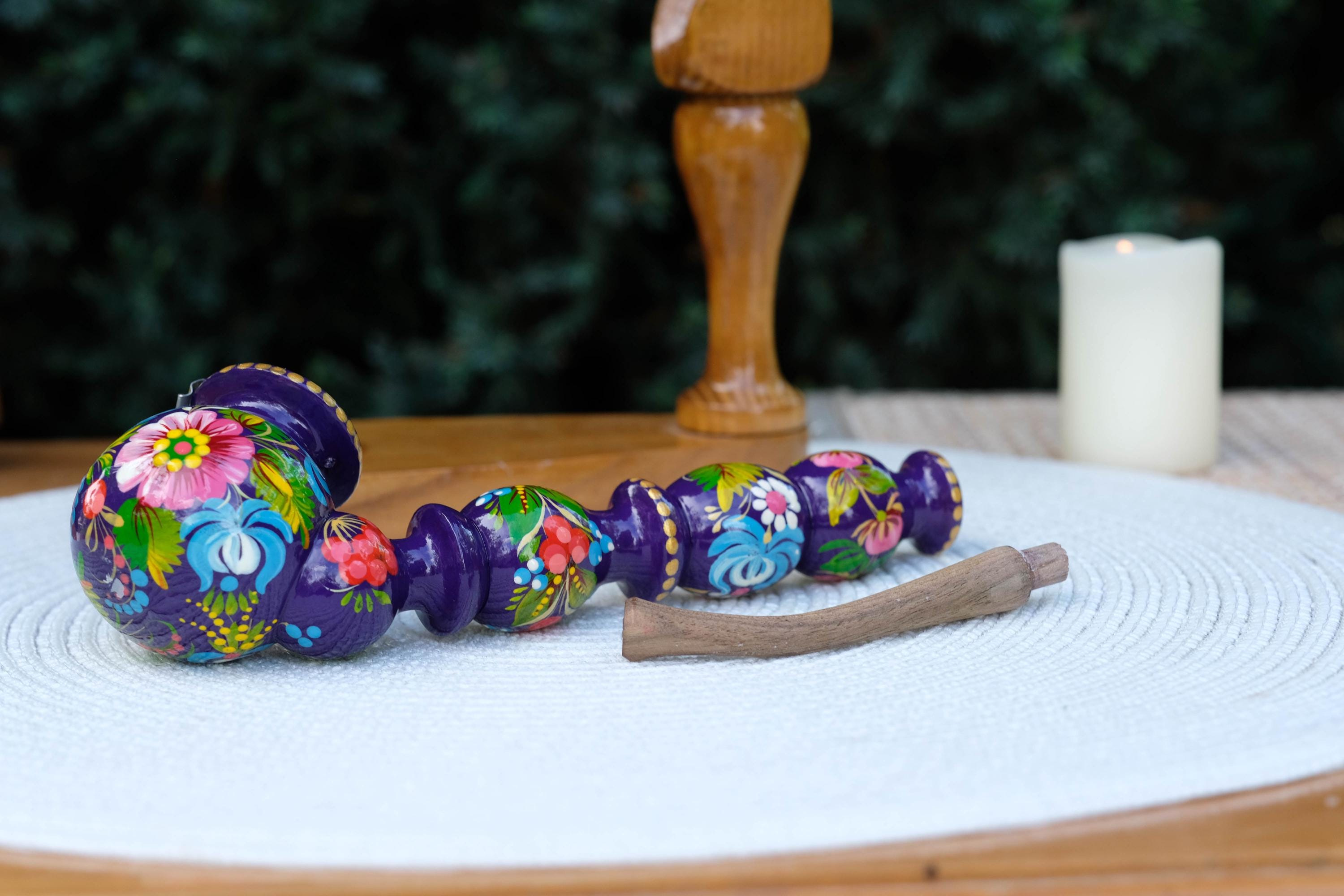 Long Wooden Smoking Pipe Painted with Dove - Ukrainian Folk Art Petrykivka, Purple Flower Tobacco Pipe