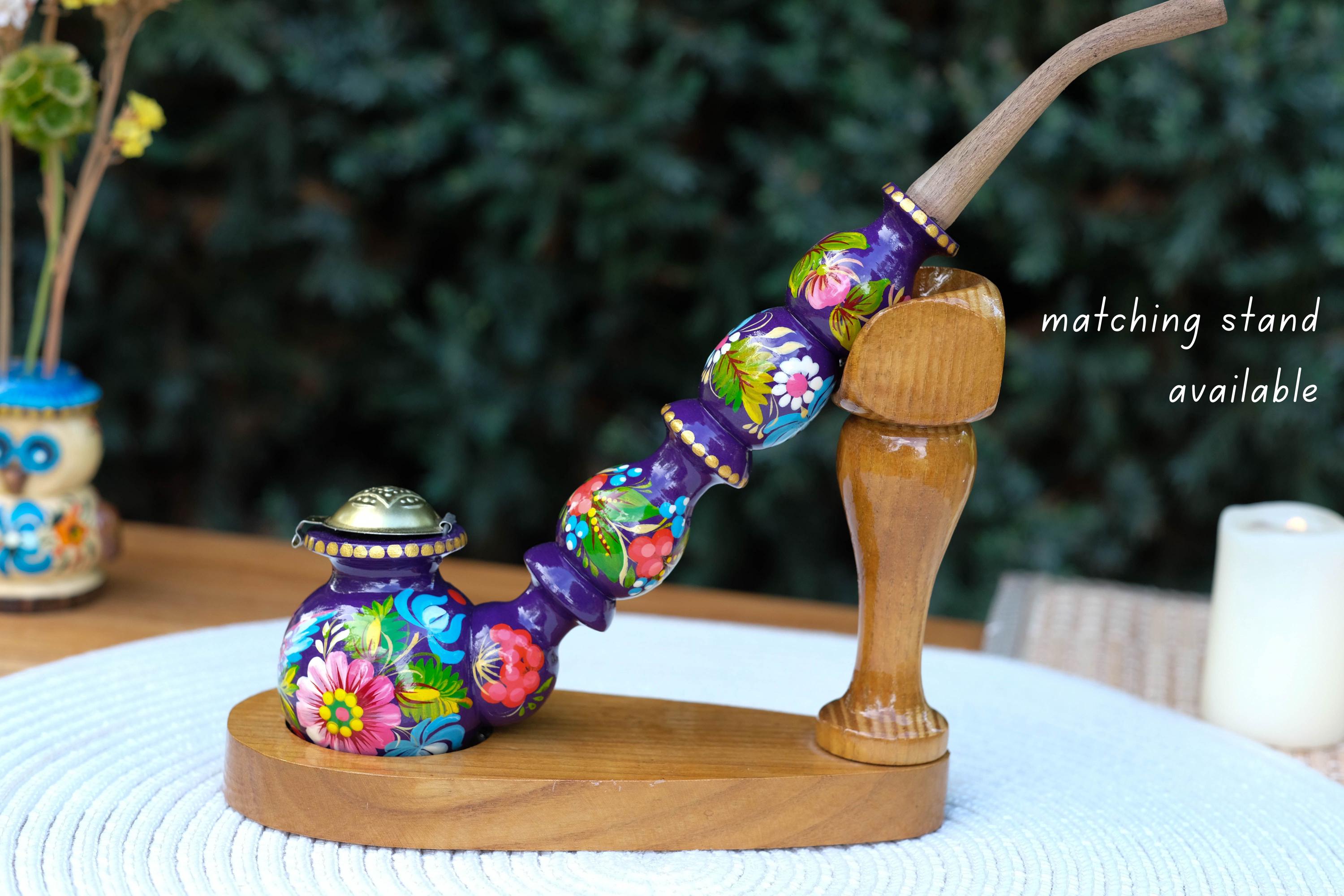 Long Wooden Smoking Pipe Painted with Dove - Ukrainian Folk Art Petrykivka, Purple Flower Tobacco Pipe