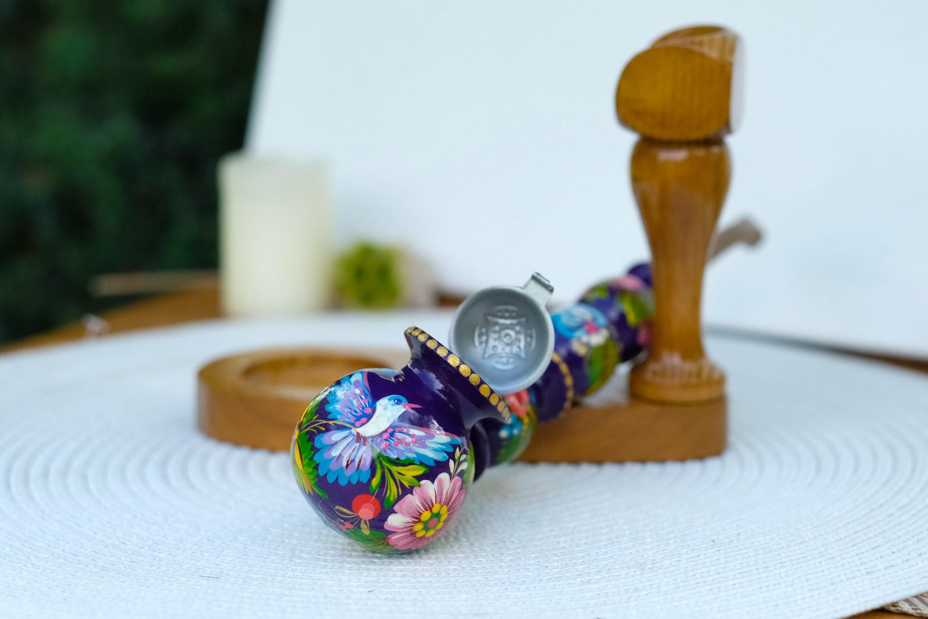 Long Wooden Smoking Pipe Painted with Dove - Ukrainian Folk Art Petrykivka, Purple Flower Tobacco Pipe
