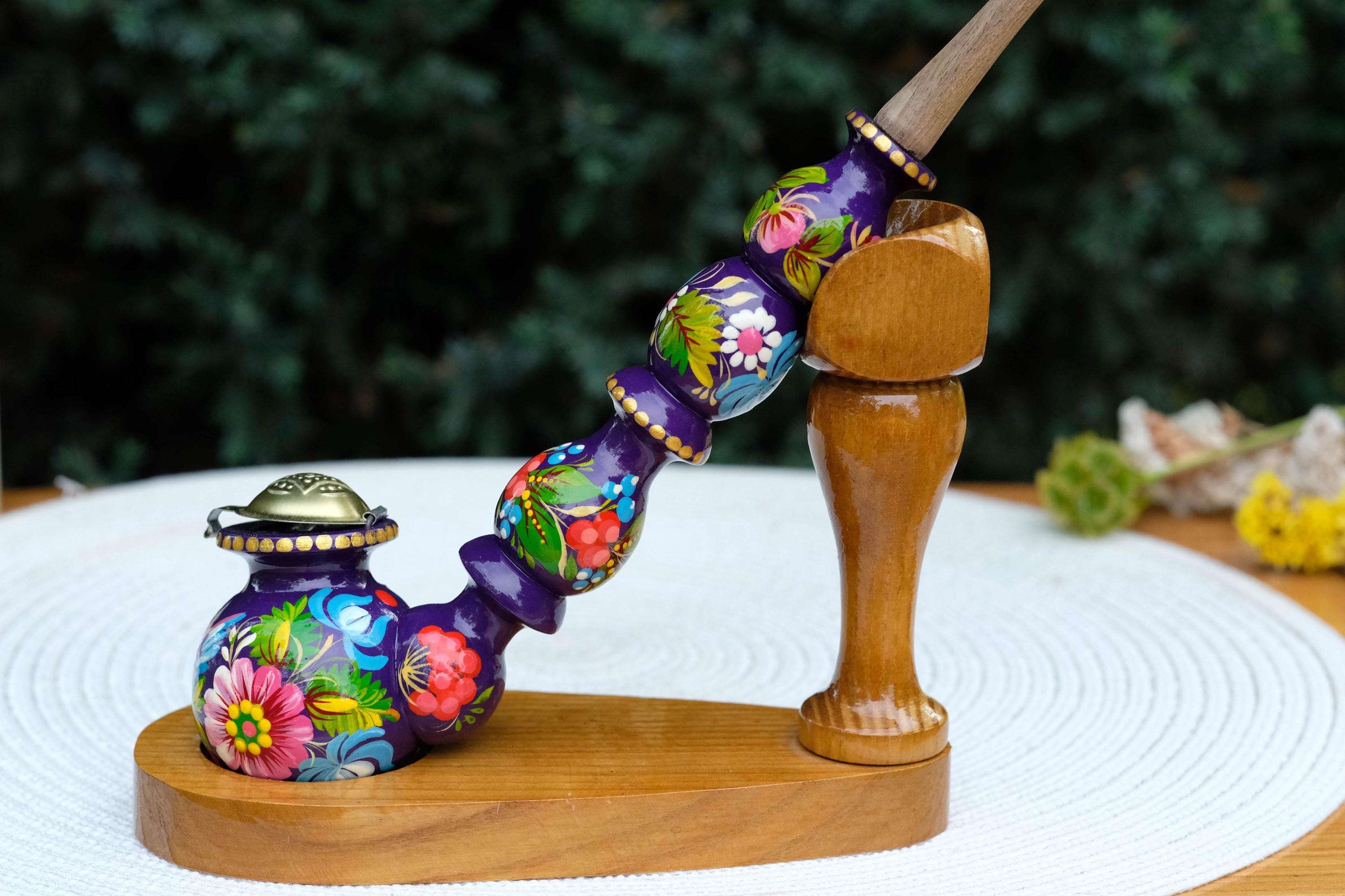 Long Wooden Smoking Pipe Painted with Dove - Ukrainian Folk Art Petrykivka, Purple Flower Tobacco Pipe