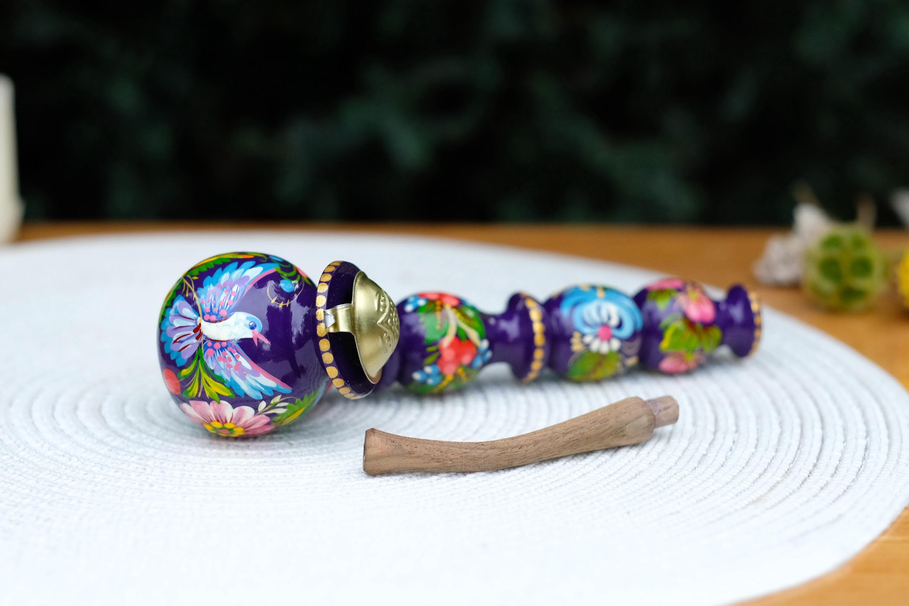Long Wooden Smoking Pipe Painted with Dove - Ukrainian Folk Art Petrykivka, Purple Flower Tobacco Pipe
