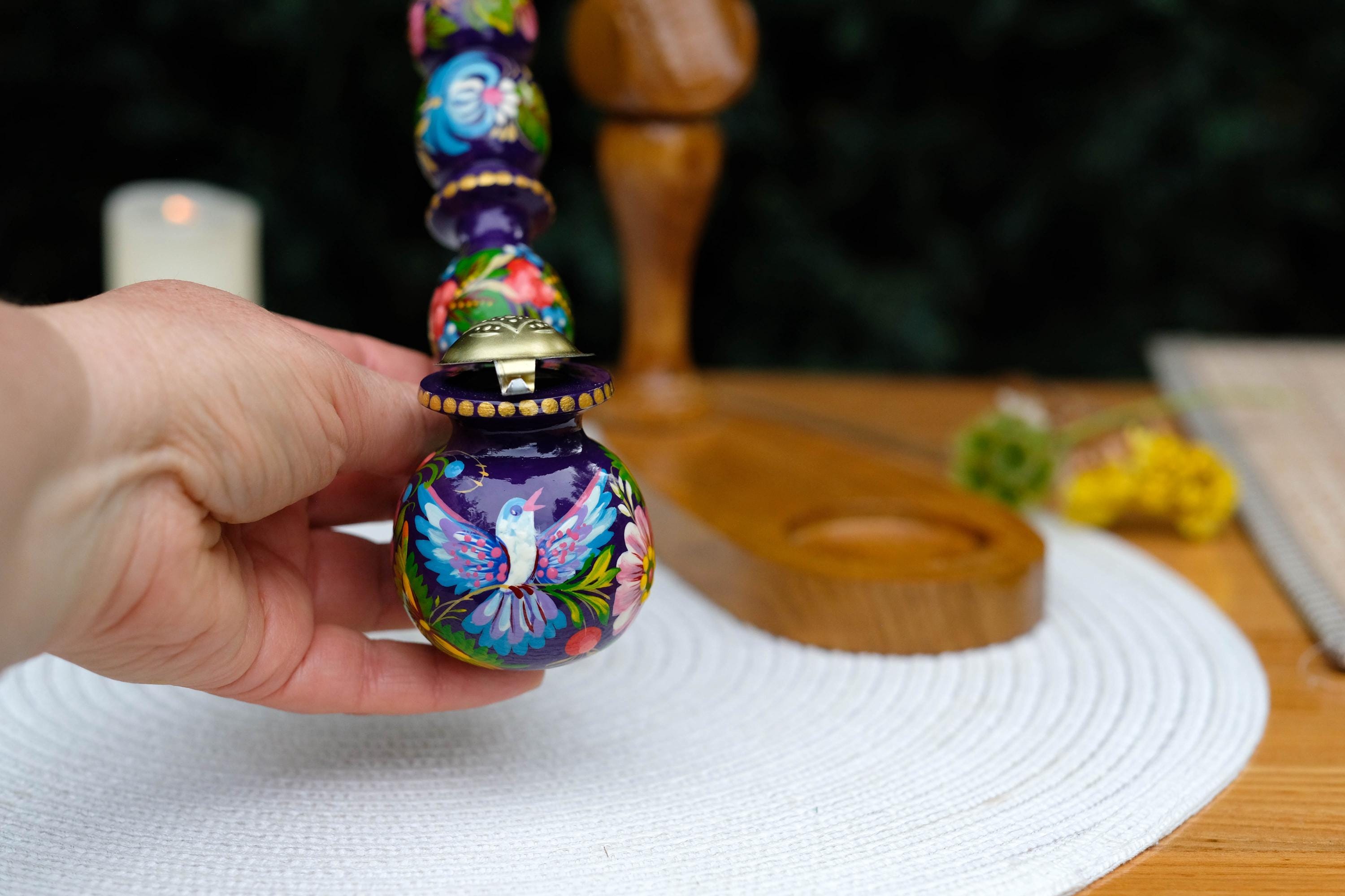 Long Wooden Smoking Pipe Painted with Dove - Ukrainian Folk Art Petrykivka, Purple Flower Tobacco Pipe