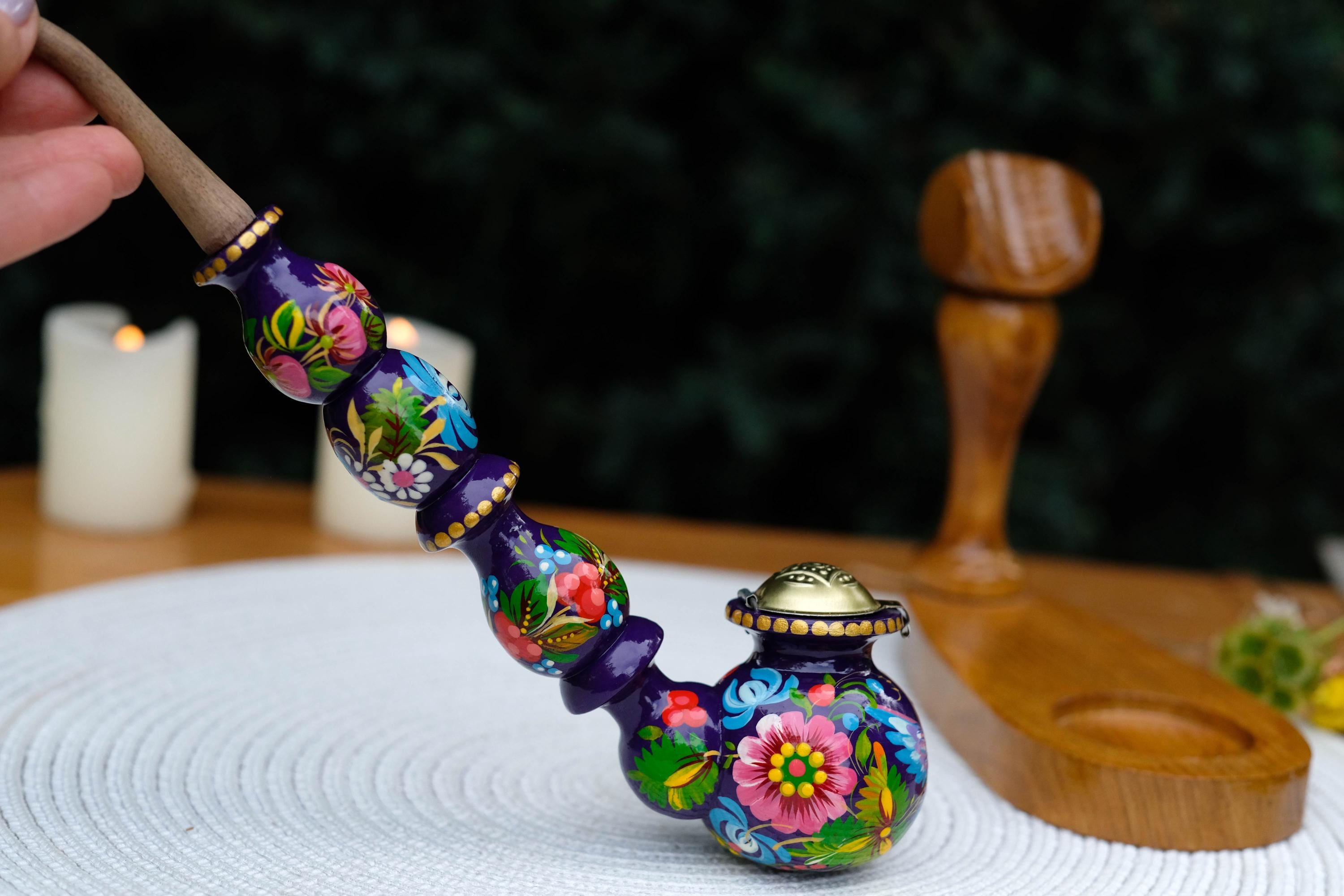 Long Wooden Smoking Pipe Painted with Dove - Ukrainian Folk Art Petrykivka, Purple Flower Tobacco Pipe