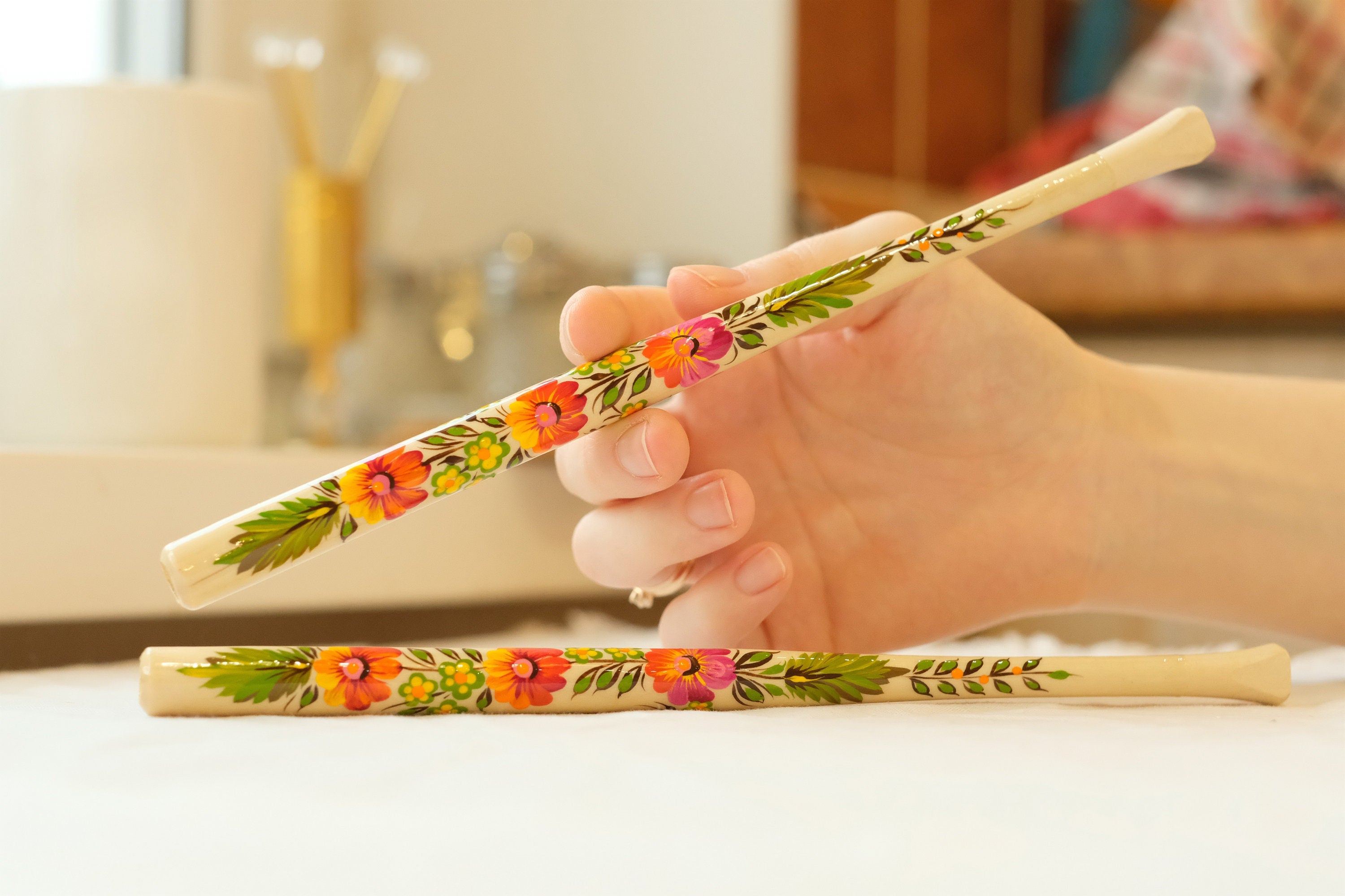 Extra long regular cigarette holder 9.1"/23 cm - Hand-painted wooden orange flower cigarette holder with Ukrainian Petrykivka art
