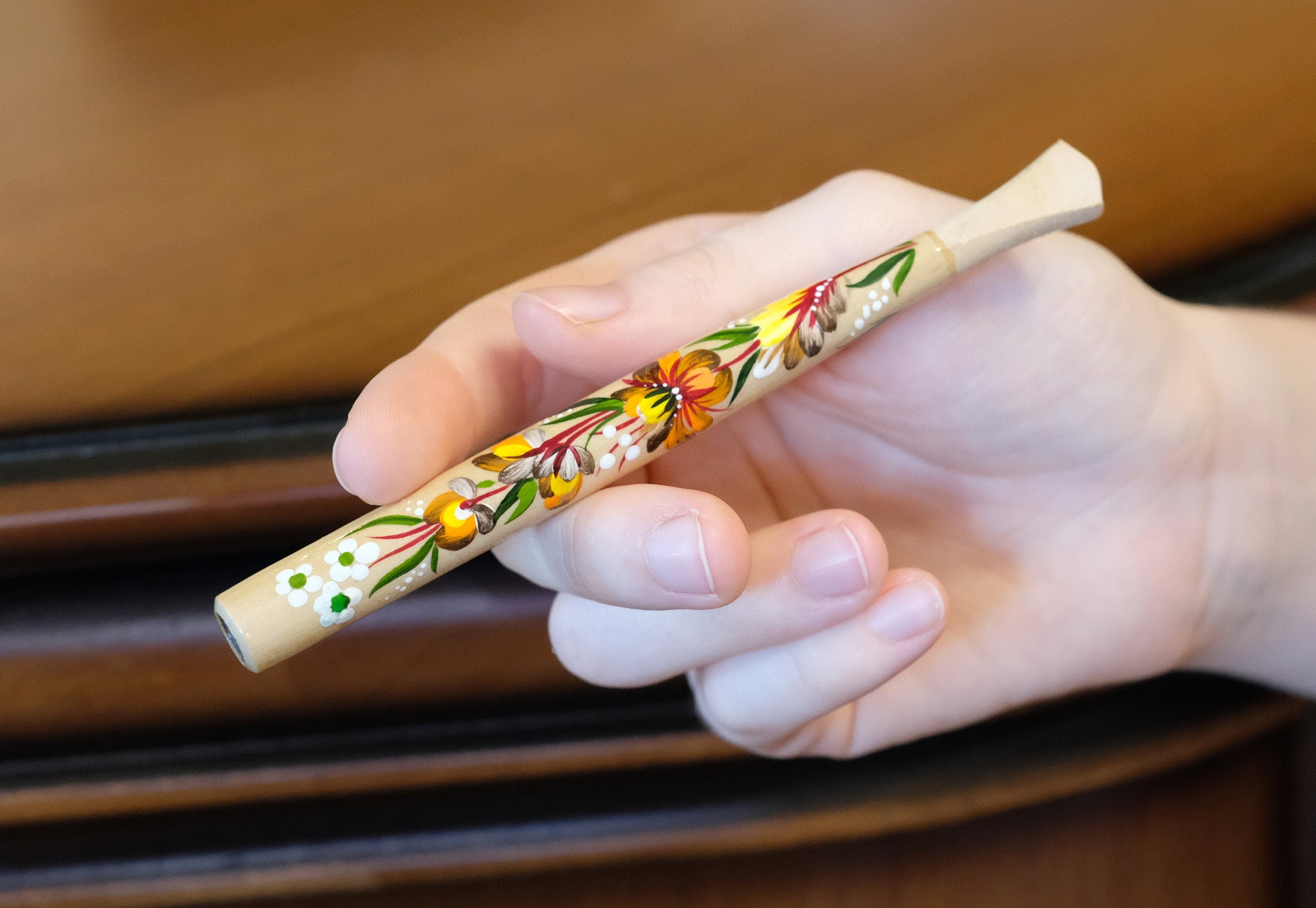 Painted Wooden Cigarette Holder - Regular & Slim - Flower Mouthpiece with Ukrainian Folk Art Petrykivka