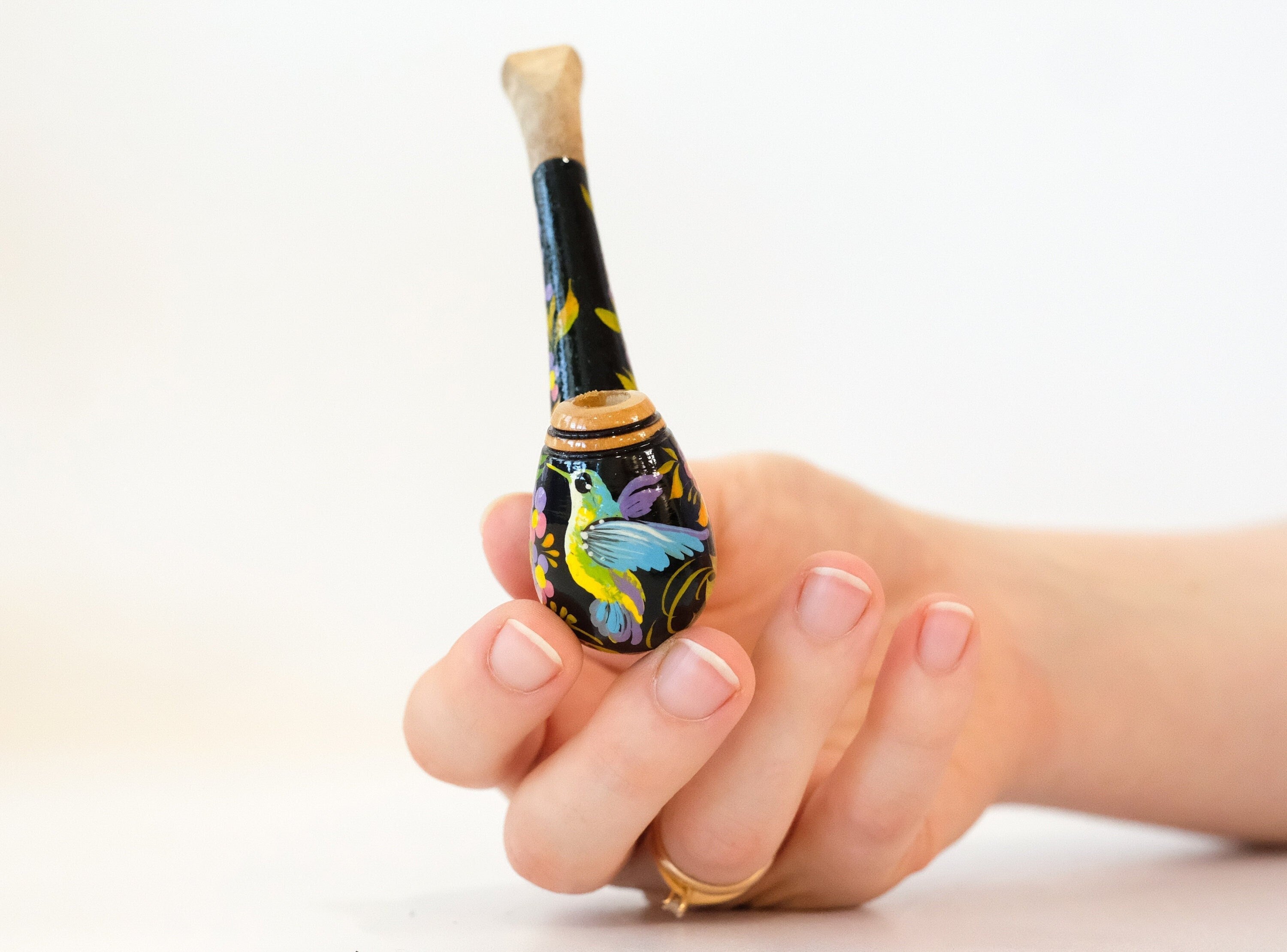 Regular Hummingbird Cigarette Holder - Painted Wooden Mini Pipe Cigarette Holder with Ukrainian Folk Art Petrykivka