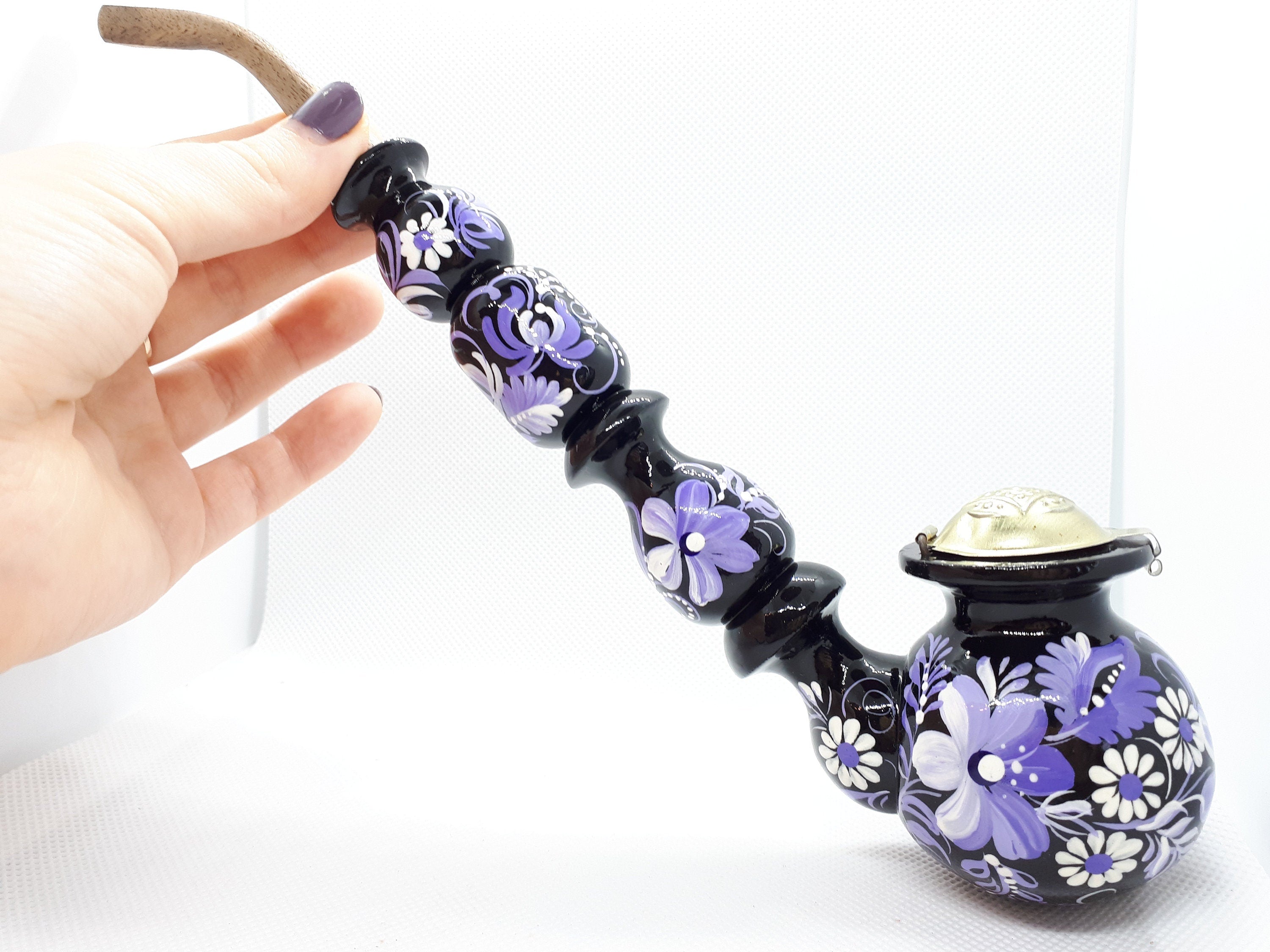 Long Wooden Smoking Pipe with Lid - Hand-painted Purple Flower Tobacco Pipe - Ukrainian Folk Art Petrykivka