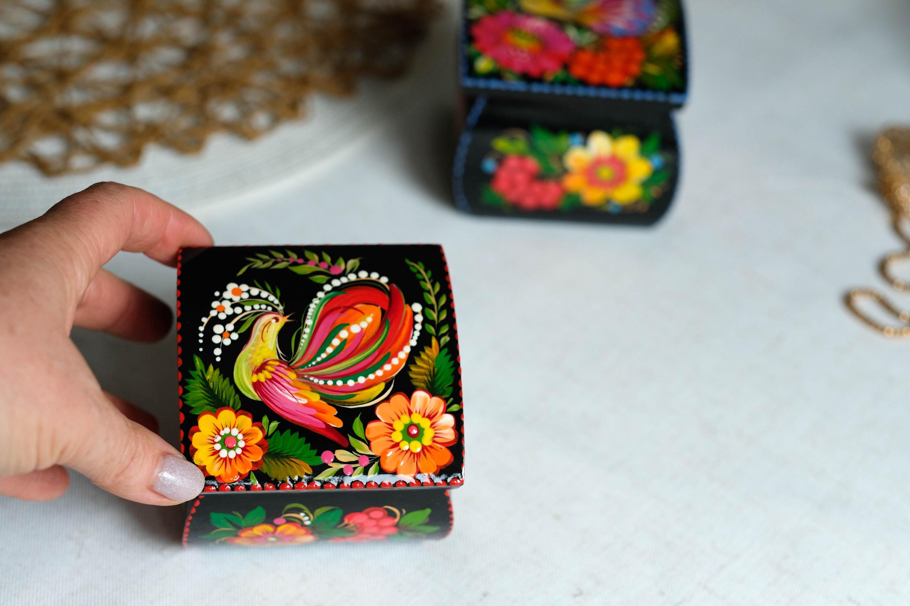 Hand-painted Wooden Jewelry Box with Firebird 3.15" in - Traditional Ukrainian Petrykivka Folk Art