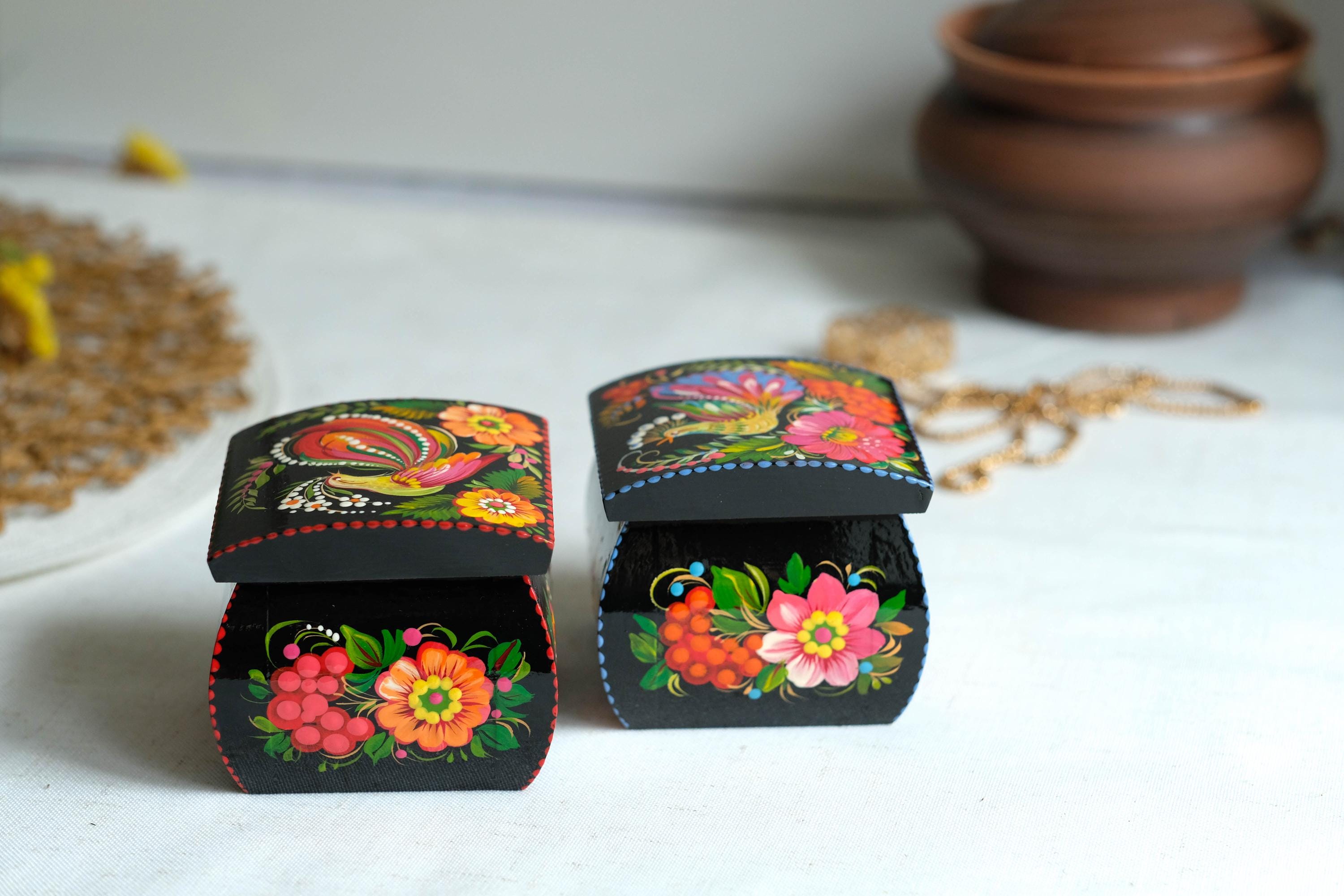 Hand-painted Wooden Jewelry Box with Firebird 3.15" in - Traditional Ukrainian Petrykivka Folk Art